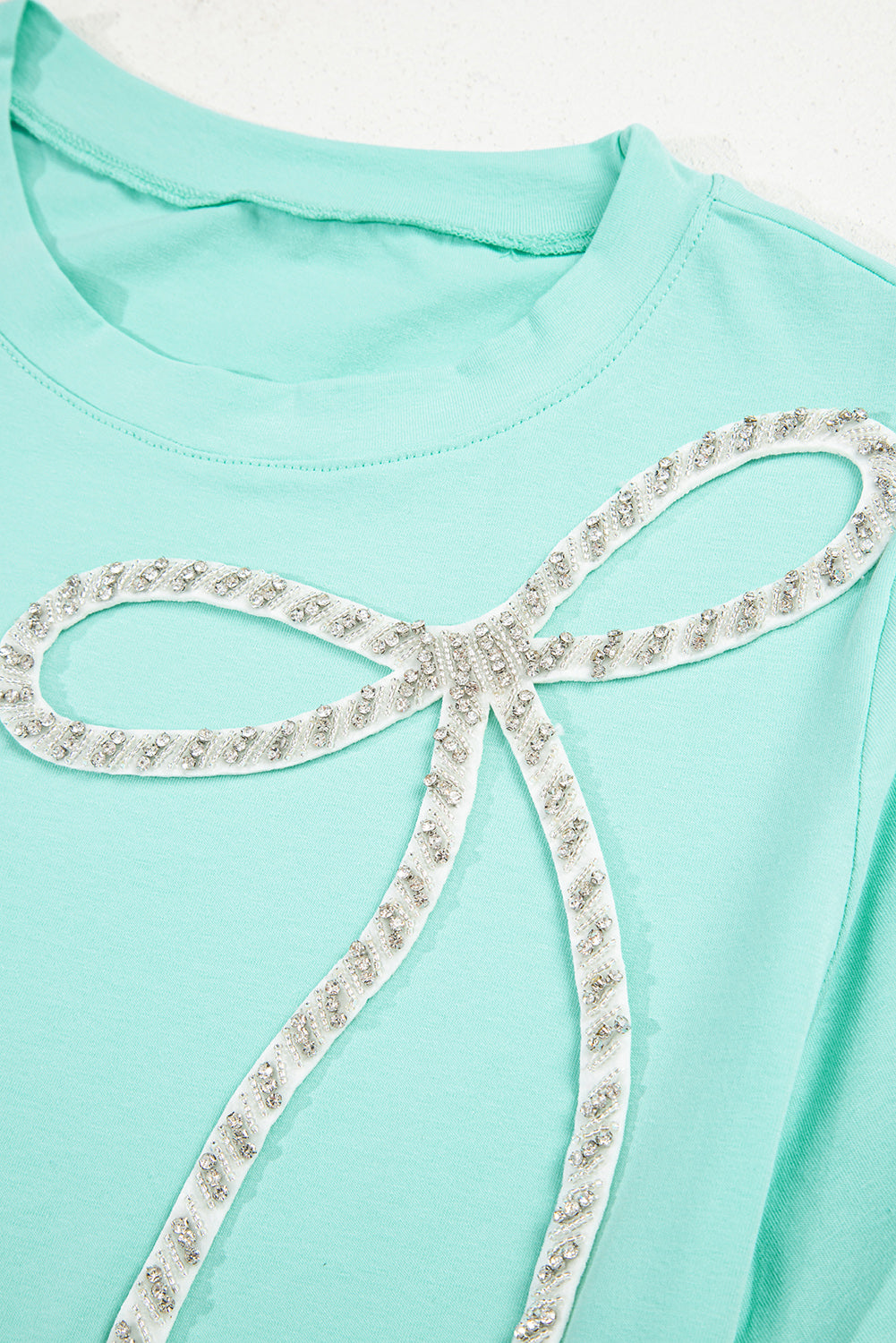 Rhinestone Bow Embellished Round Neck Tee