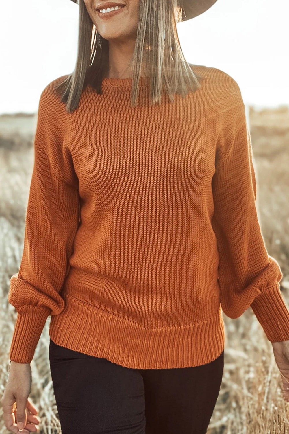Solid Color Ribbed Trim Drop Shoulder Sweater
