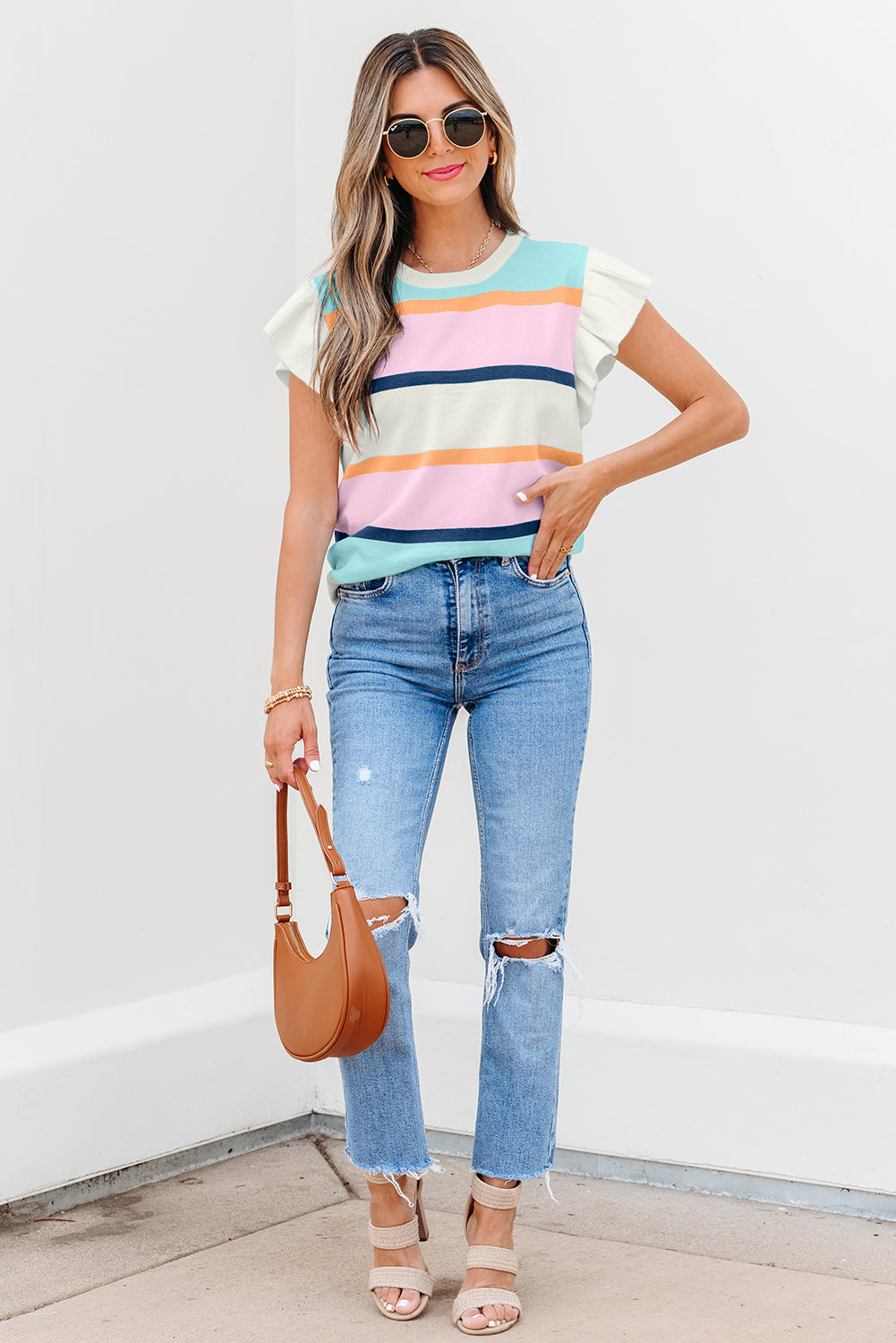 Striped Color Block Flutter Sleeve Patchwork Sweater Top