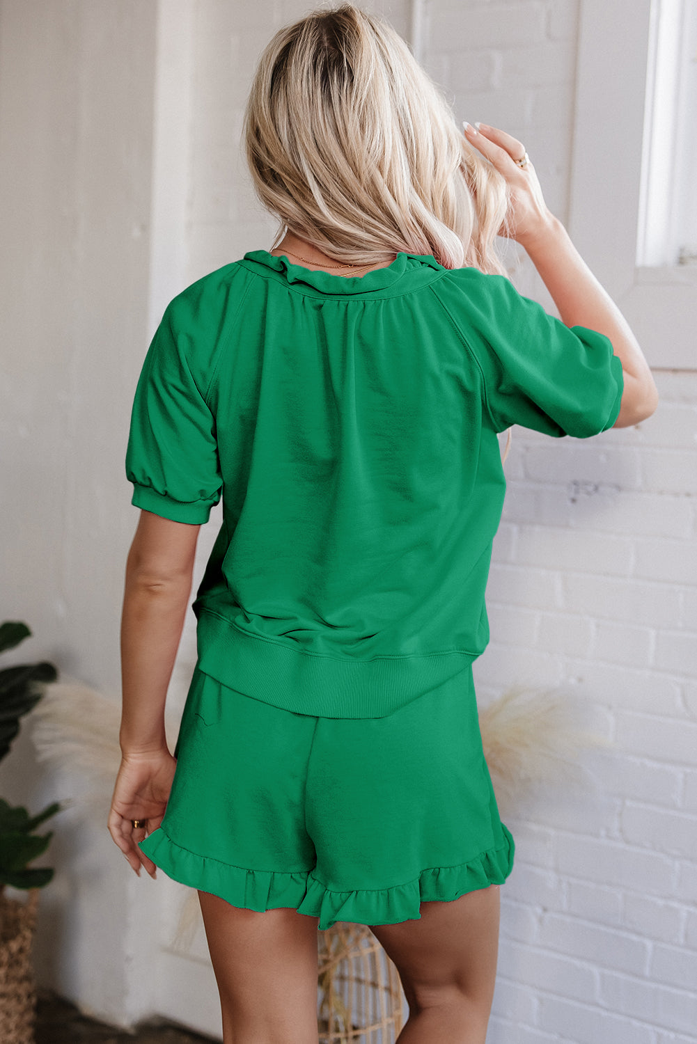 Half Zip Puff Sleeve Top and Ruffled Shorts Set
