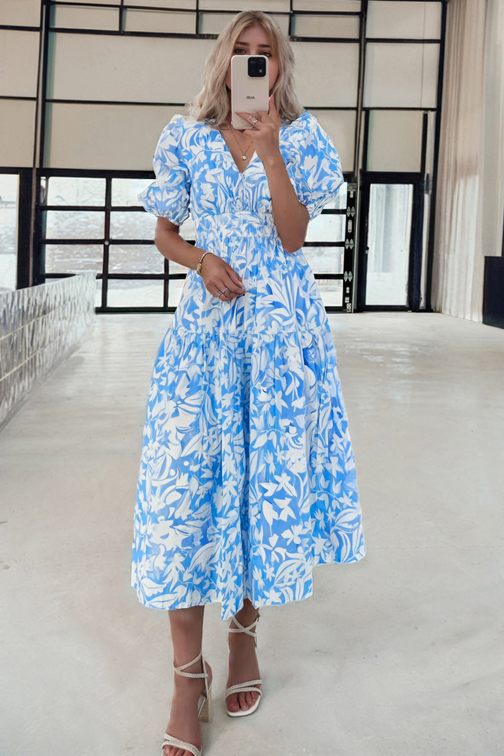 Floral V Neck Puff Short Sleeve Flowy Long Dress