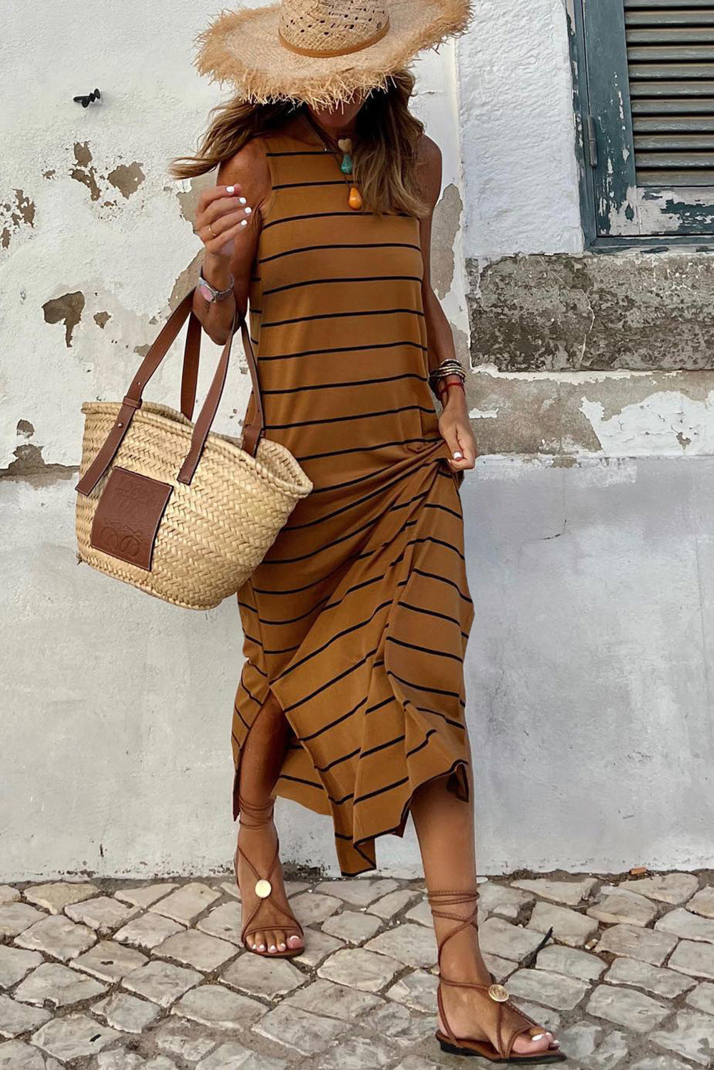 Stripe Print Open Back Sleeveless Maxi Dress with Slits