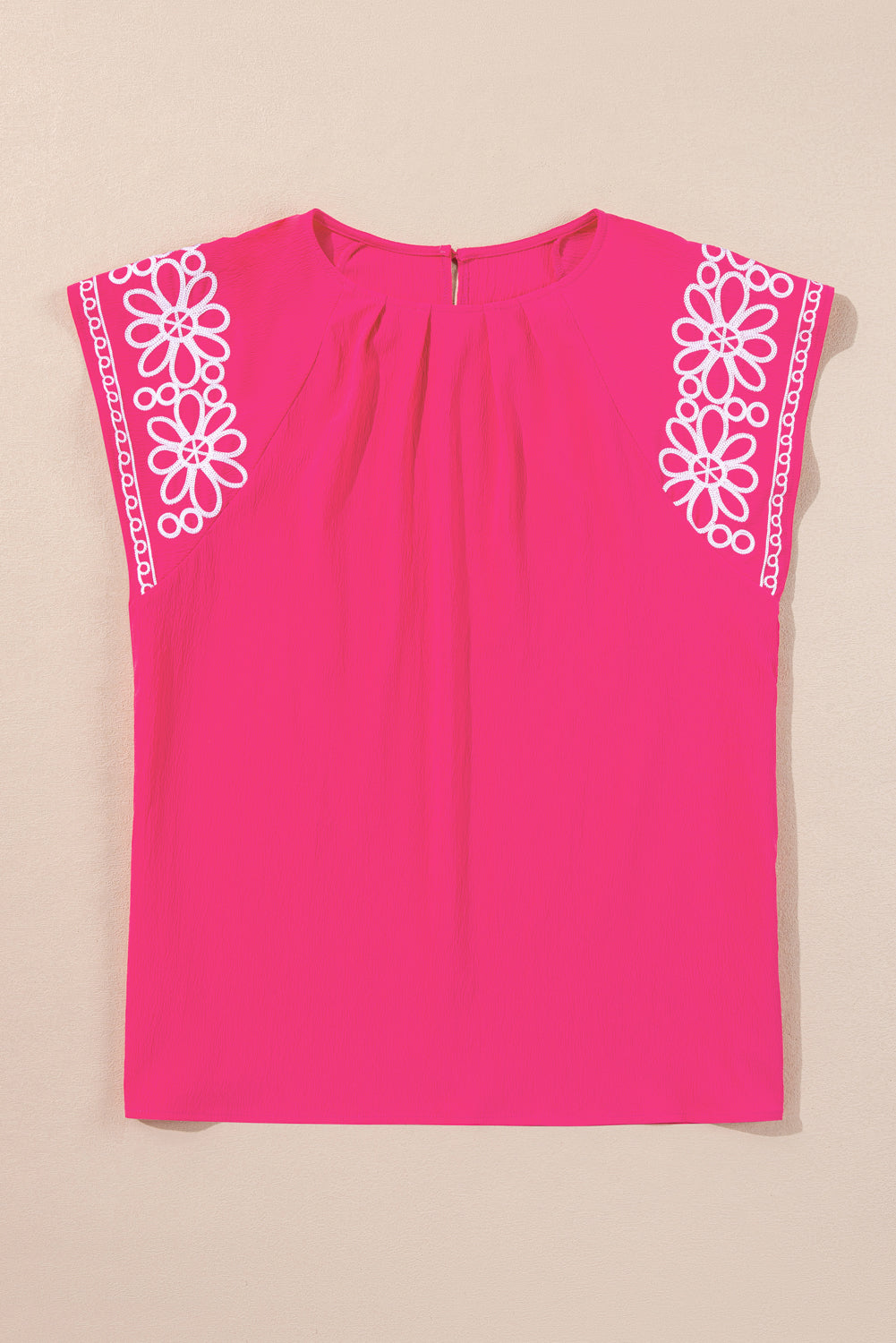 Floral Embroidered Flutter Sleeve Pleated O Neck Plus Size Blouse