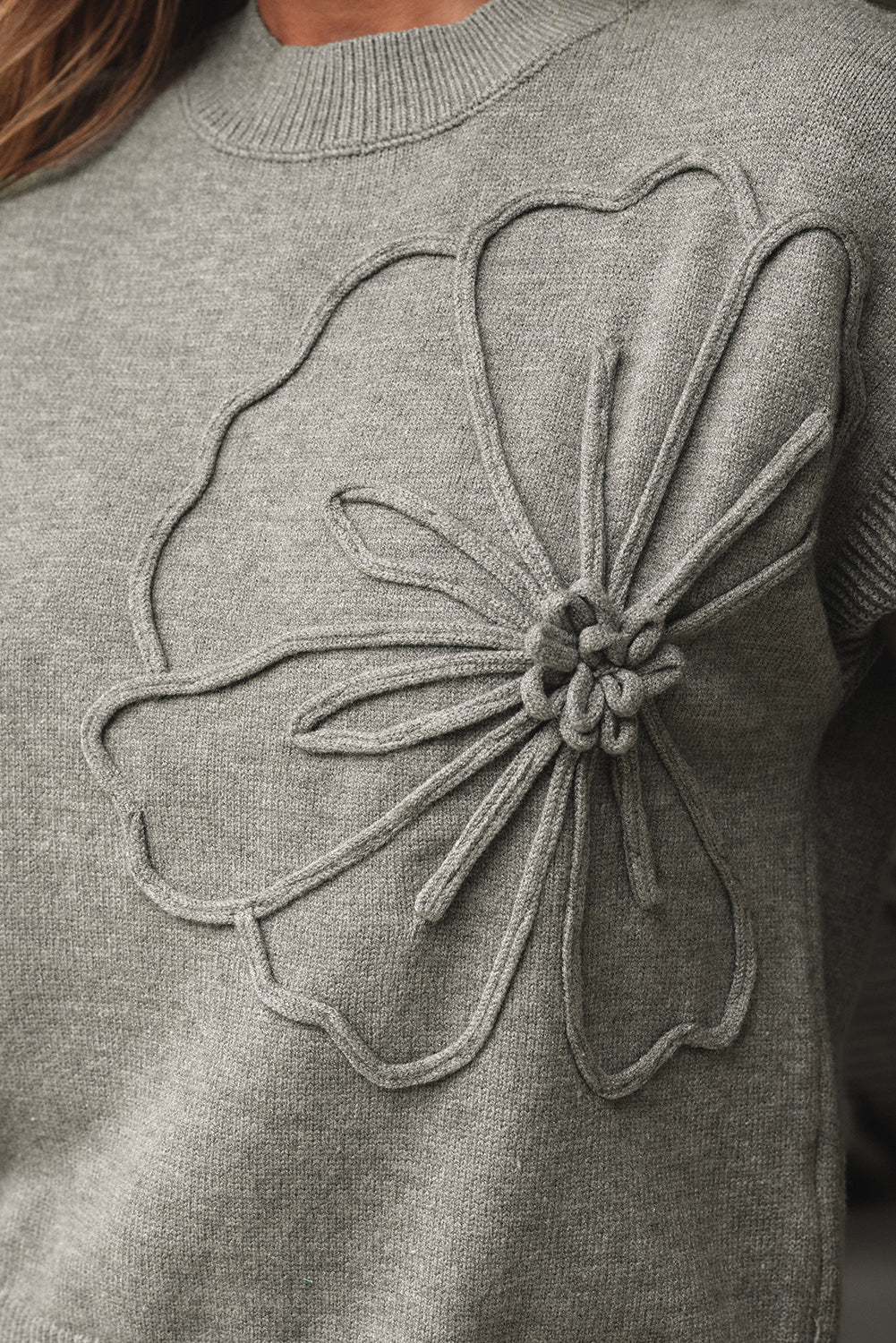 Flower Pattern Ribbed Trim Short Sleeve Boxy Sweater