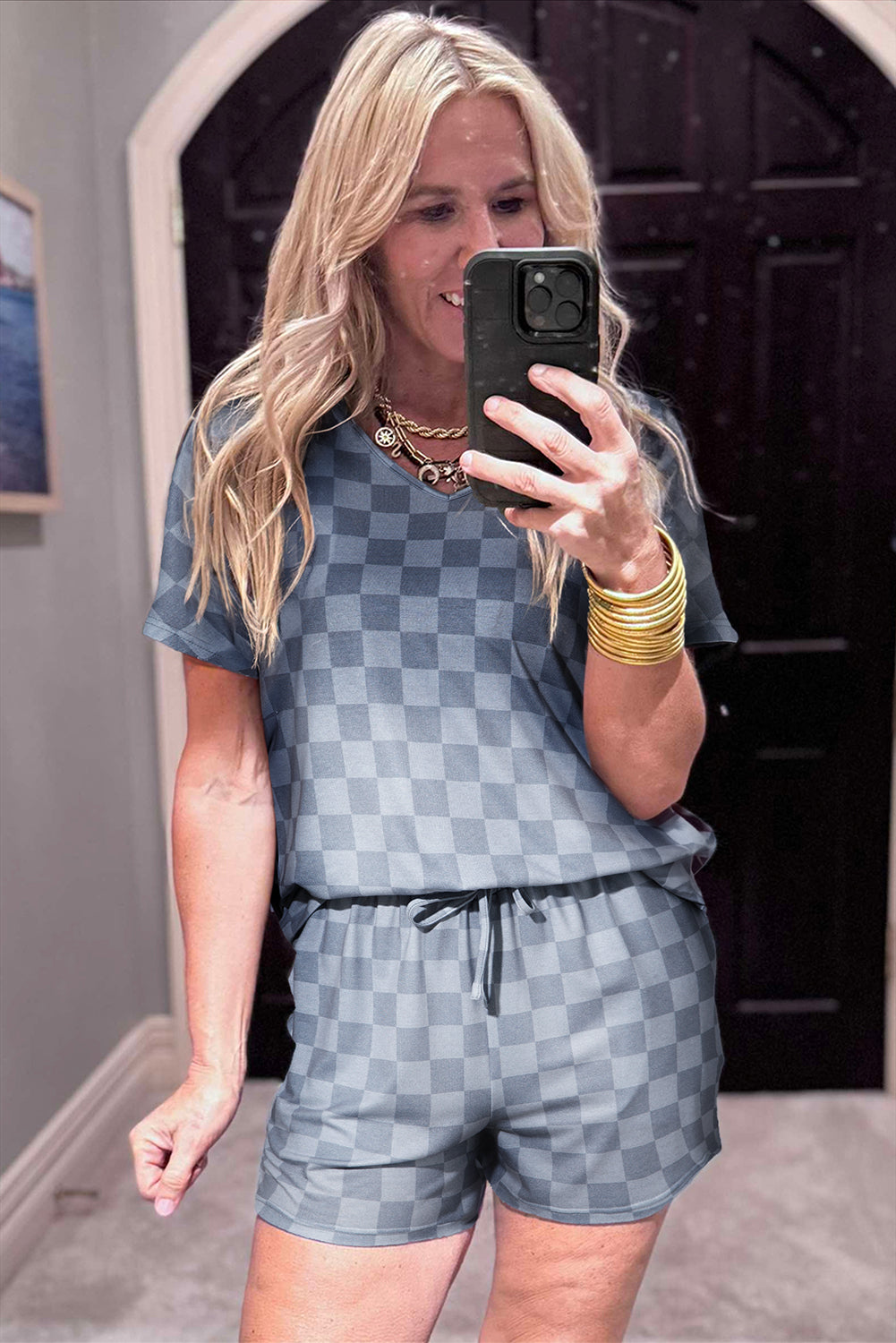 Checkered V Neck Tee Drawstring Shorts Lounge Set