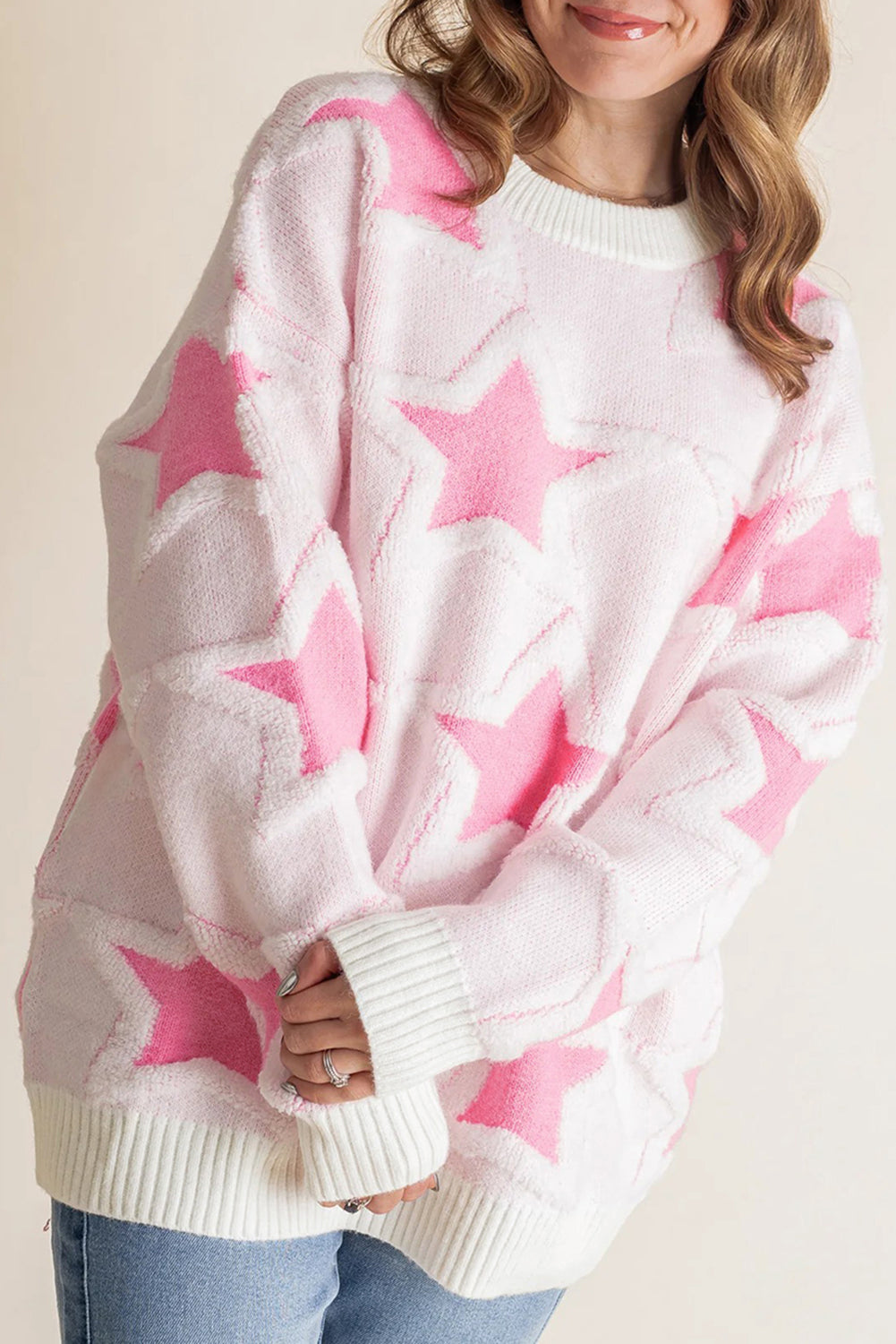 Oversized Cute Star Pattern Ribbed Edge Drop Shoulder Sweater