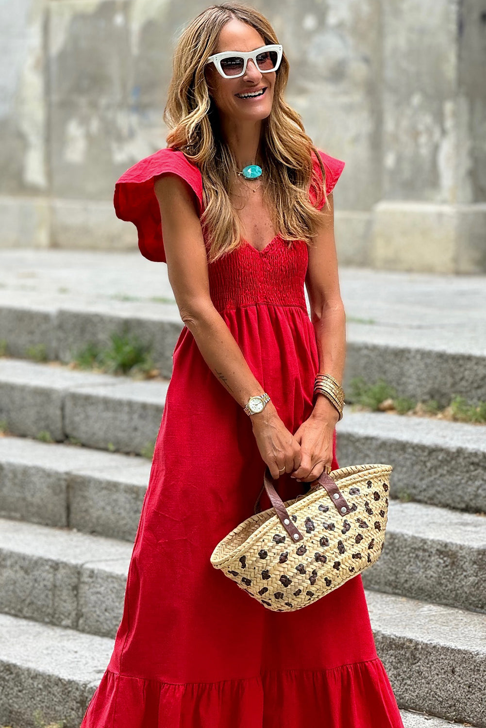 V Neck Flutter Sleeve Smocked Bodice High Waist Ruffle Maxi Dress