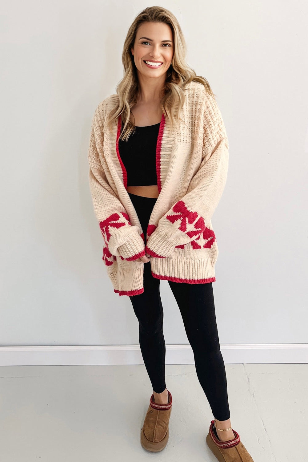 Bow Pattern Textured Open Front Baggy Cardigan