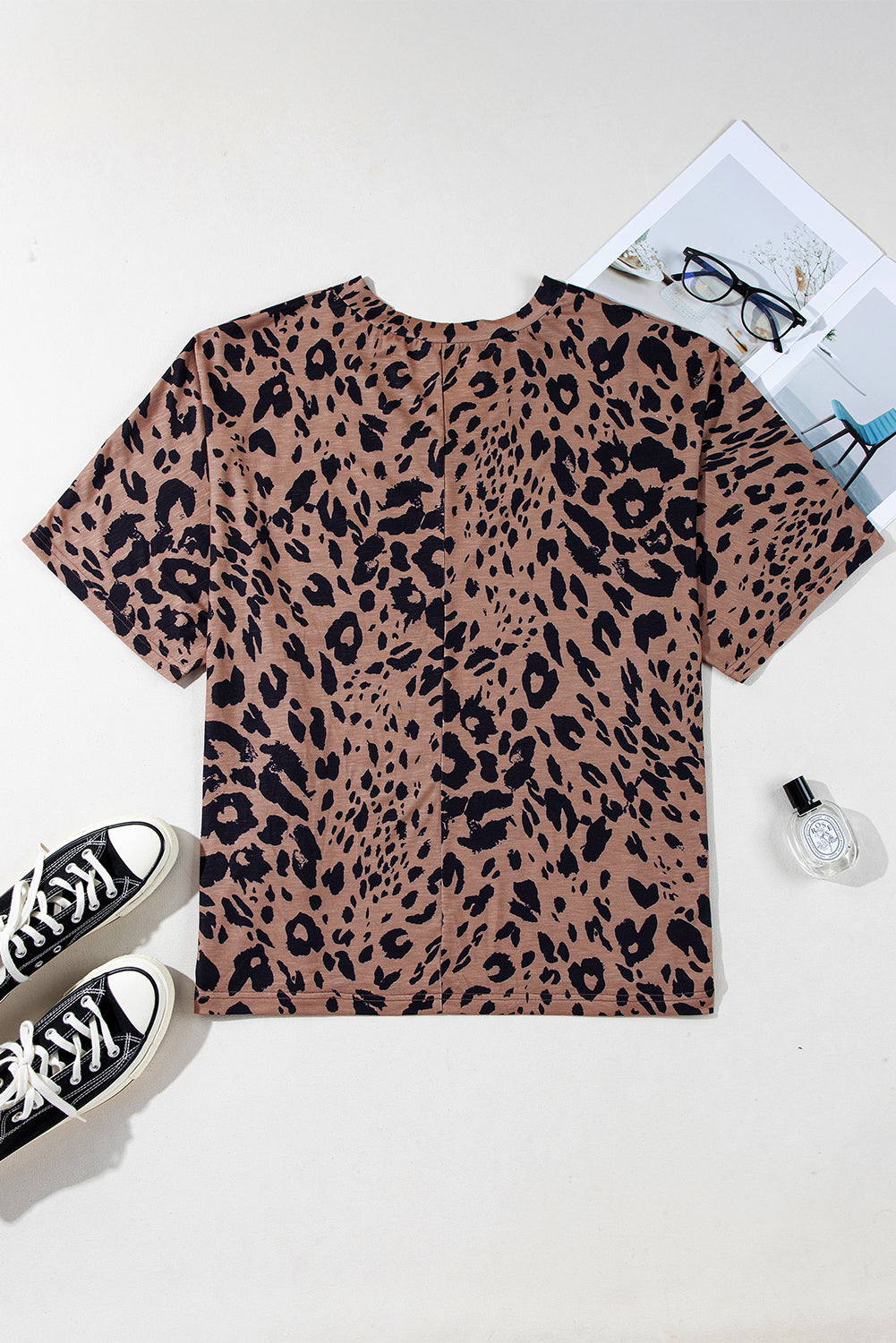 Leopard Print V Neck Half Sleeve Oversized Tee