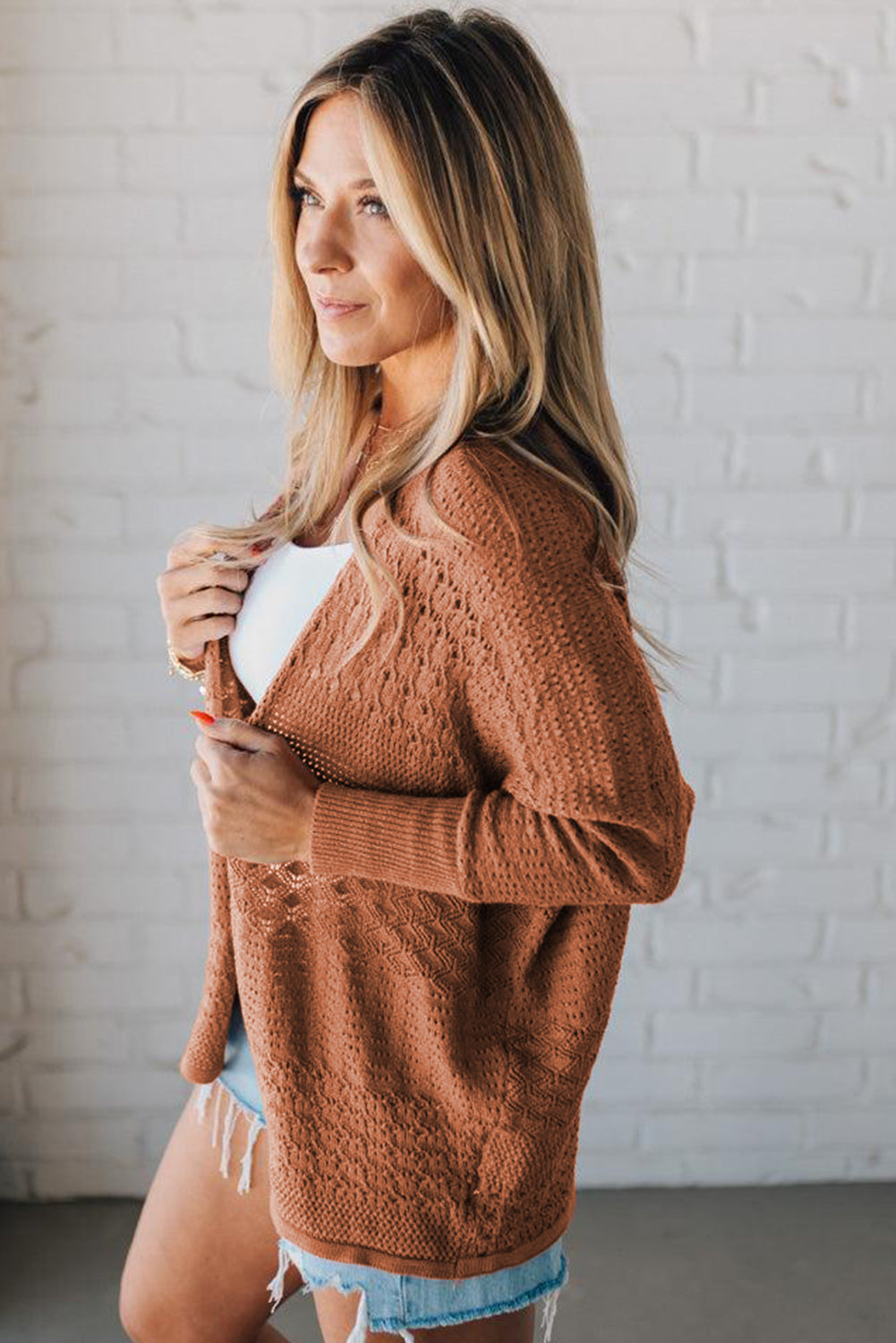 Mix Pattern Hollowed Knit Open Front Cardigan