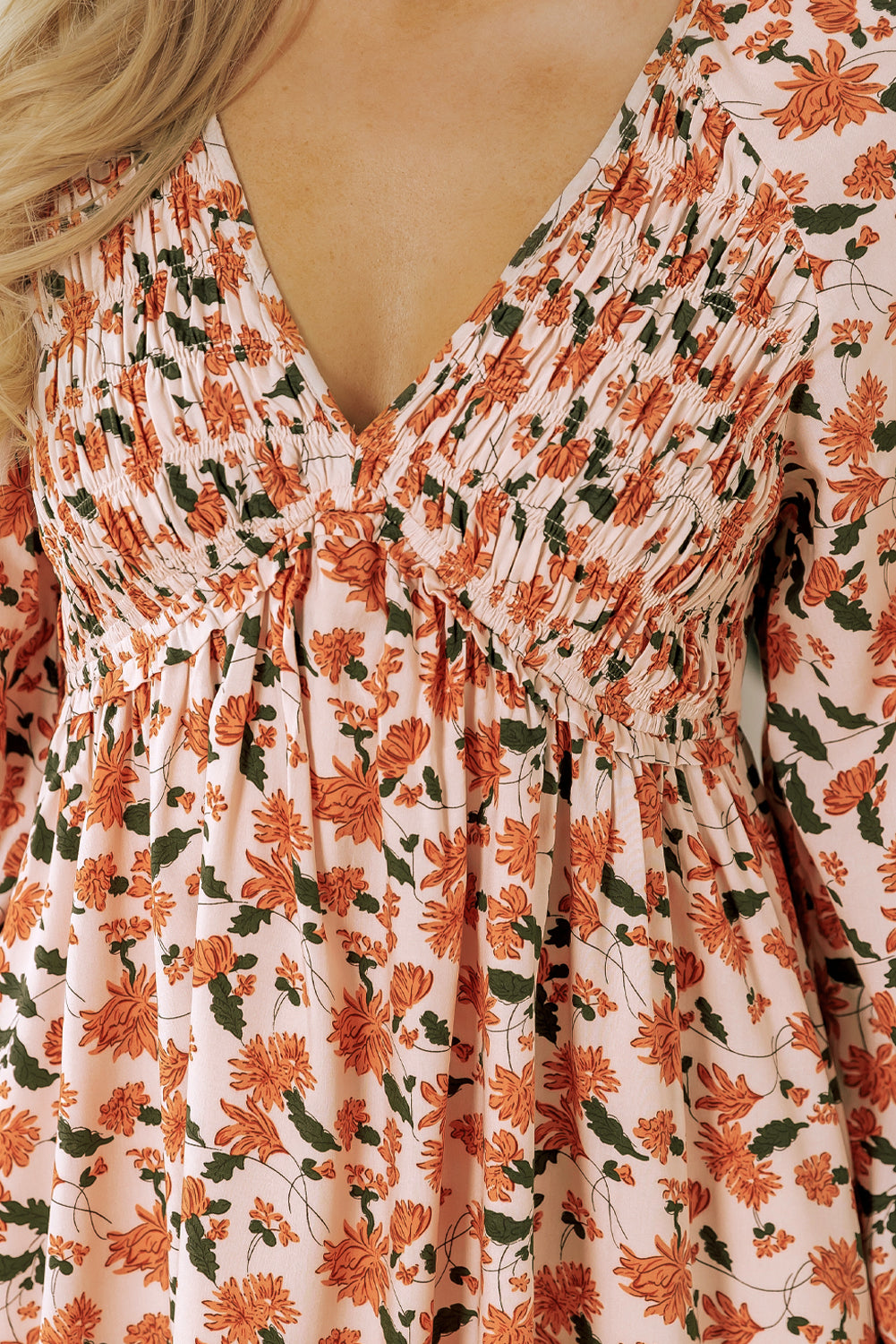 Floral Deep V Neck Smocked Bust Bubble Sleeve Babydoll Dress