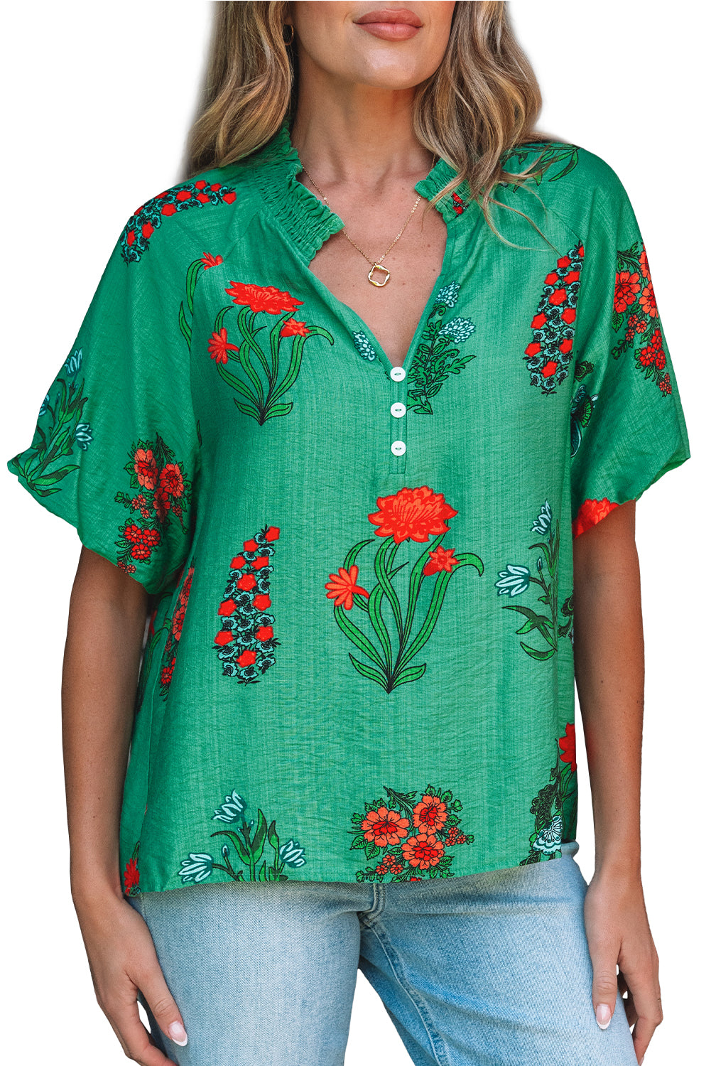Floral Print Buttoned V Neck Short Sleeve Blouse