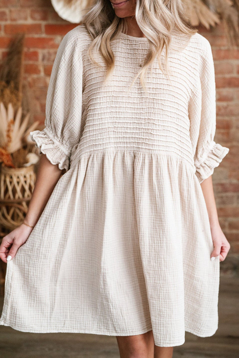 Textured Ruffled Puff Sleeve Loose Dress