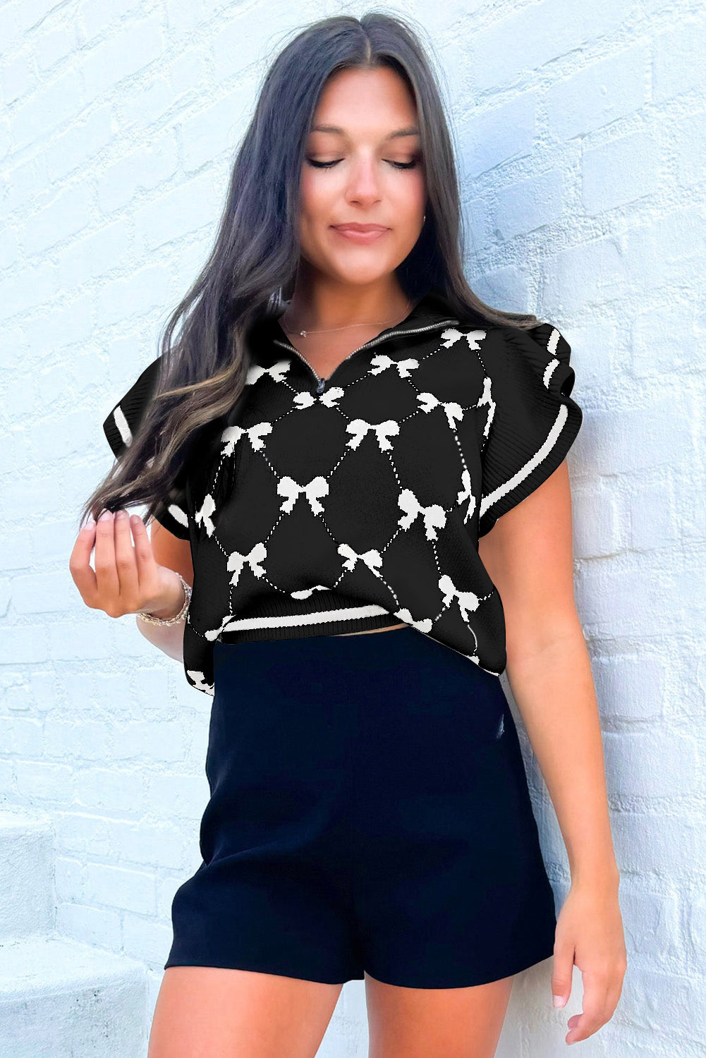 Preppy Vibes Bow Print Zipped Collar Sweater Tee