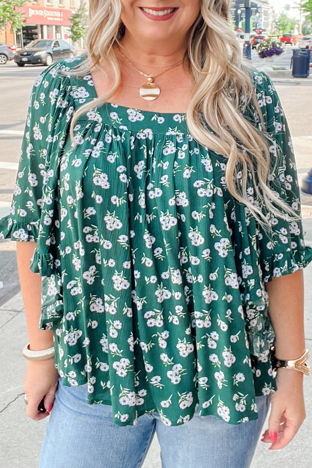 Floral Print Square Neck Ruffled Trim Plus Size Blouse