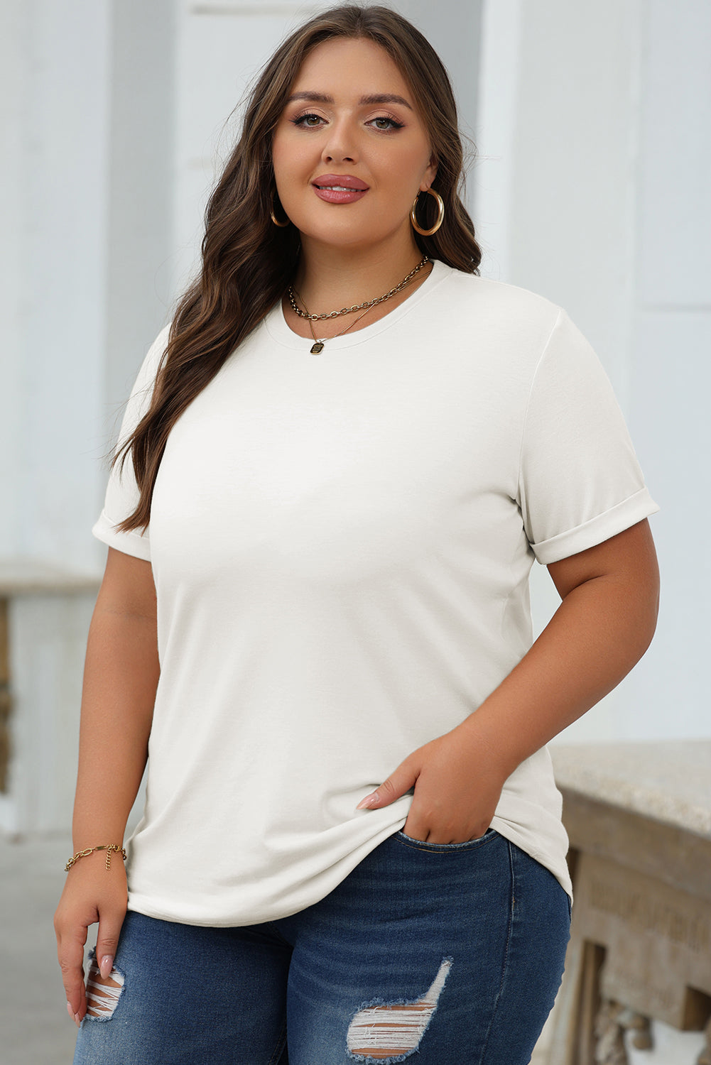 Casual Plain Crew Neck Tee