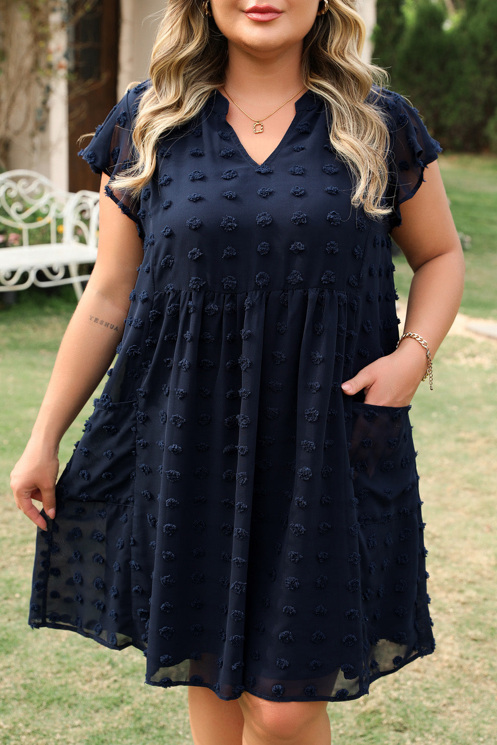 Dotty Textured Notched Neck Plus Ruffled Dress