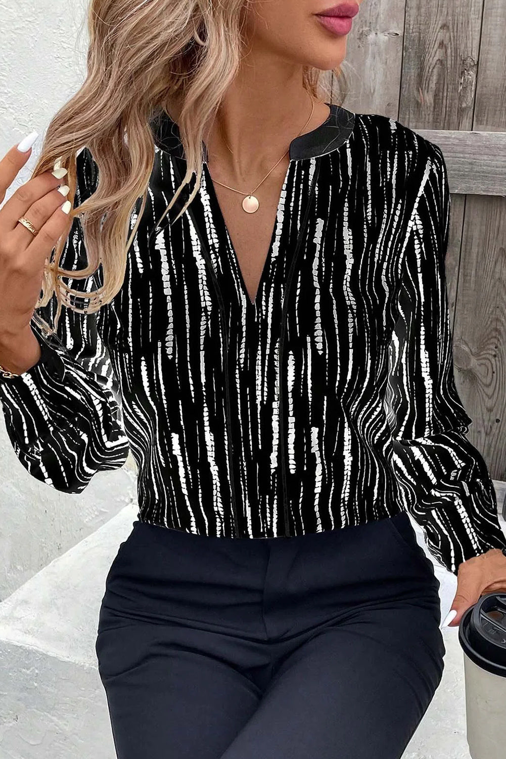 Abstract Printed V Neck Fall Blouse