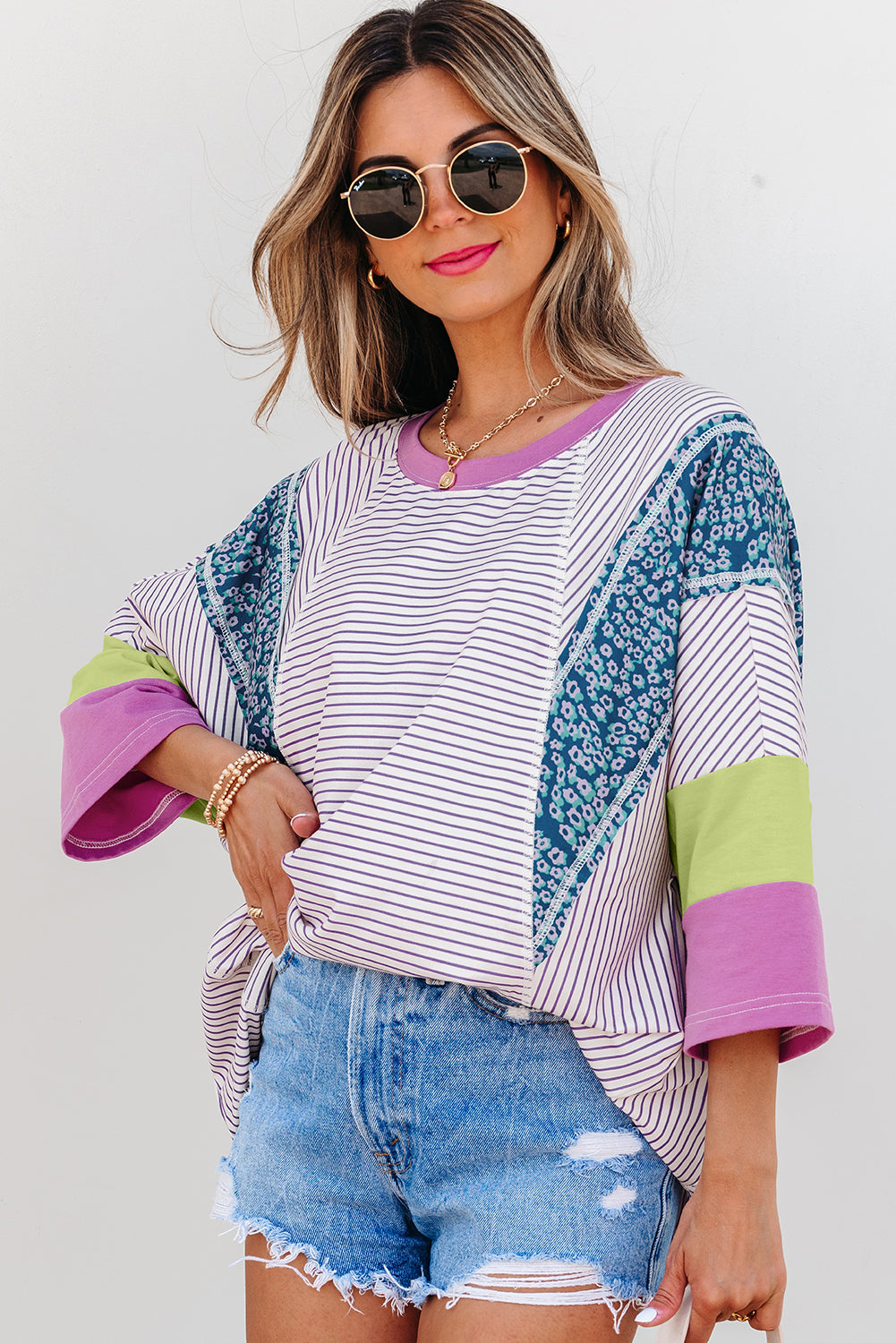 Floral Color Block Raw Edge Patchwork Bracelet Sleeve Blouse