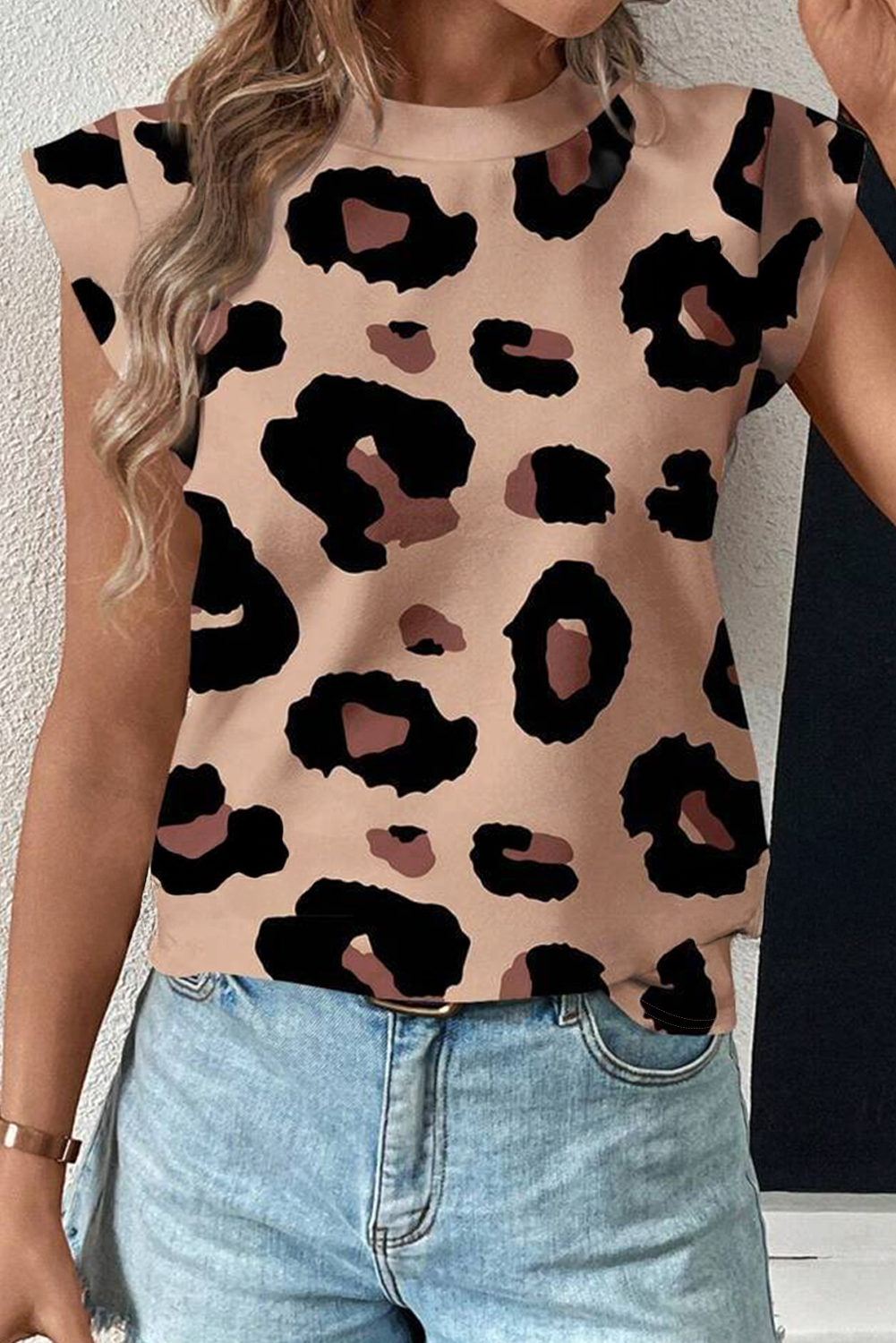Leopard Crew Neck Cap Sleeve Casual Tee