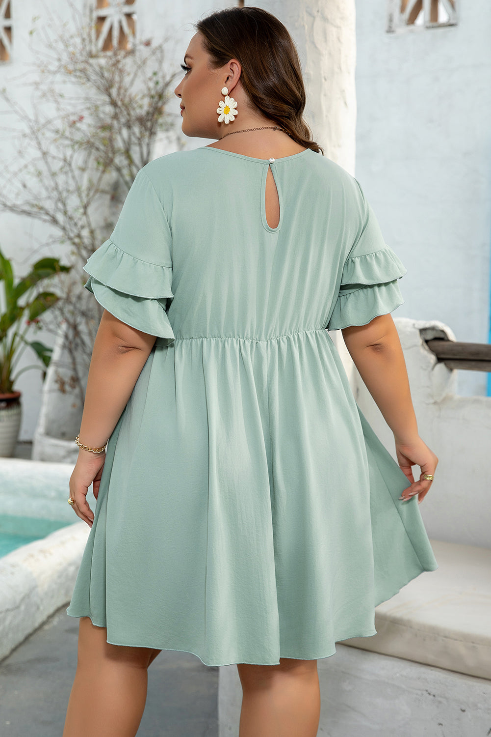 Ruffle Trim Short Sleeve Plus Size Flared Mini Dress