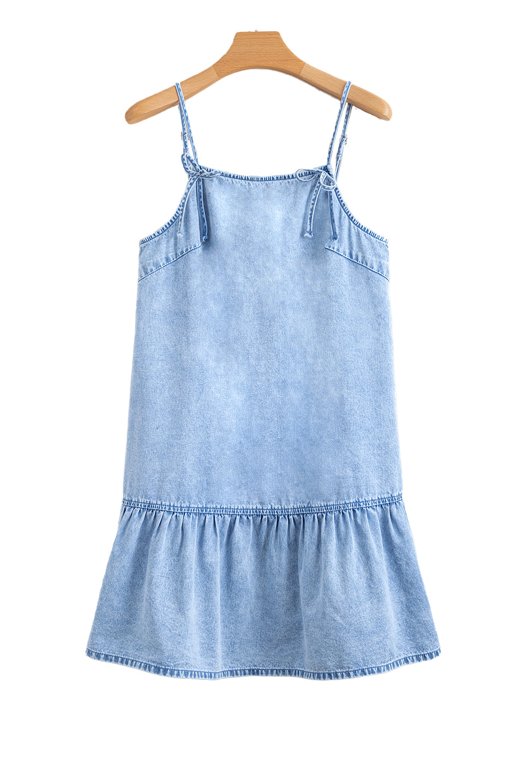 Bow Detail Spaghetti Straps Ruffle Hem Denim Short Dress