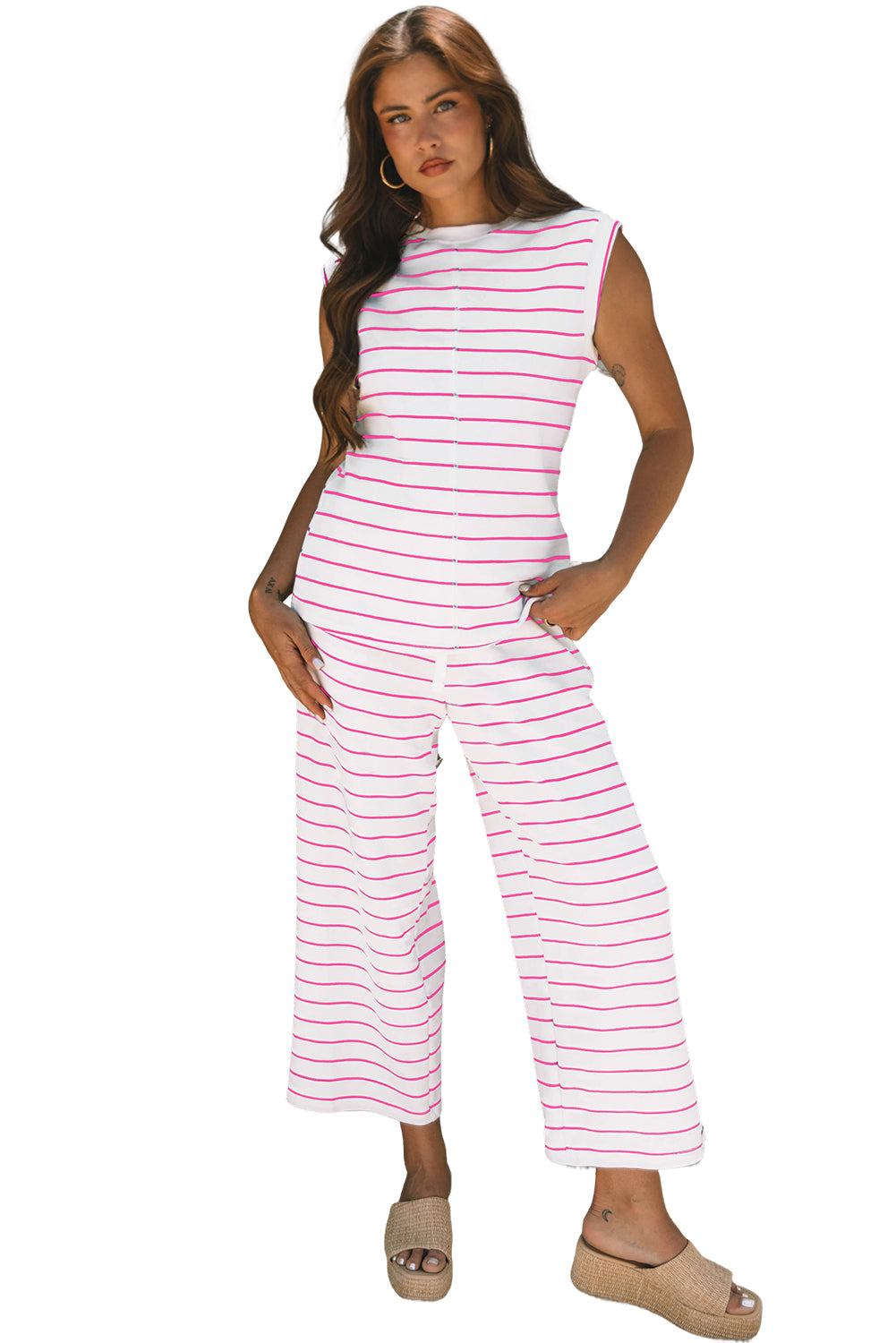 Stripe Casual Wide Leg 2pcs Pants Set