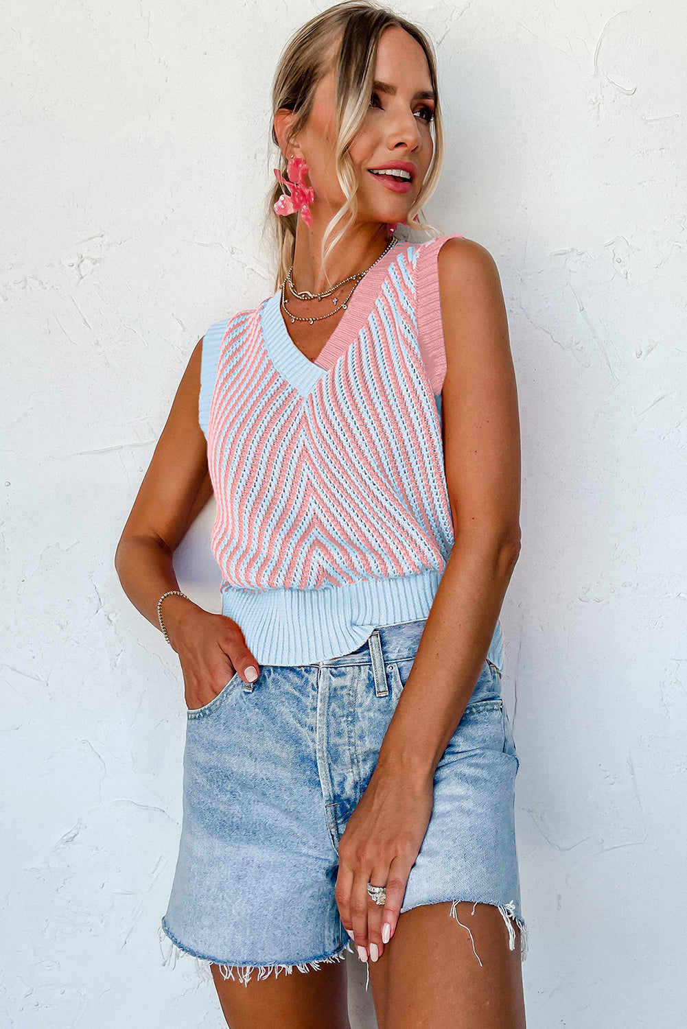 Contrast Chevron Knit V Neck Sweater Vest