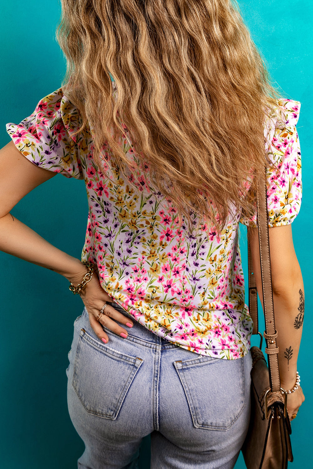 Floral Puff Short Sleeve Crewneck Blouse