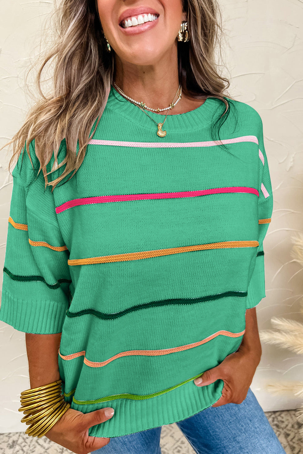 Colorblock Striped Half Sleeve Drop Shoulder Sweater
