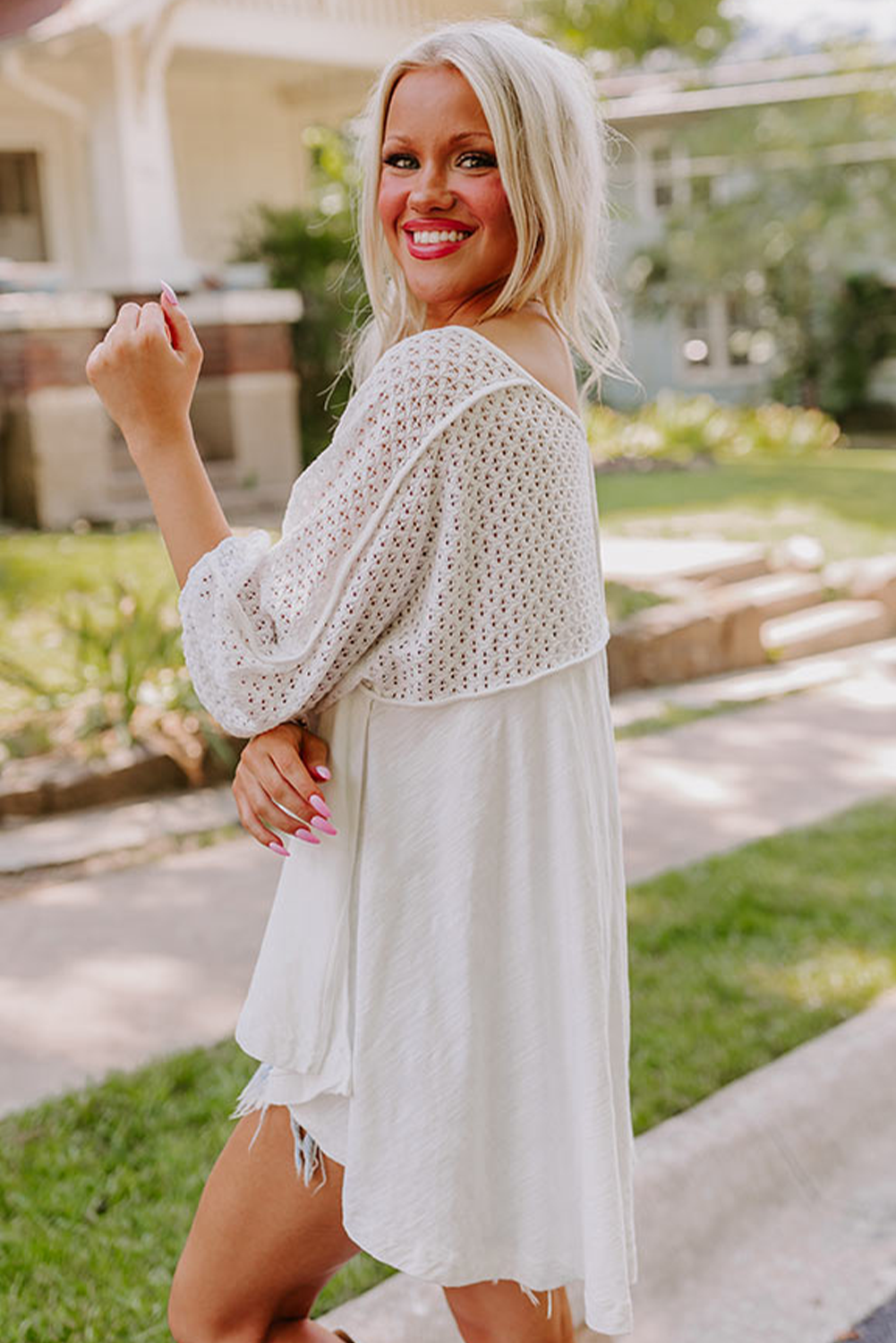 Eyelet Patchwork High Low Hem V Neck Oversized Top