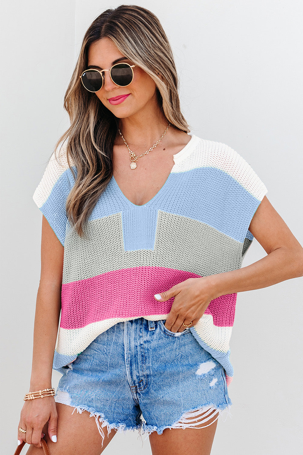 Color Block Notch V Neck Sweater T Shirt