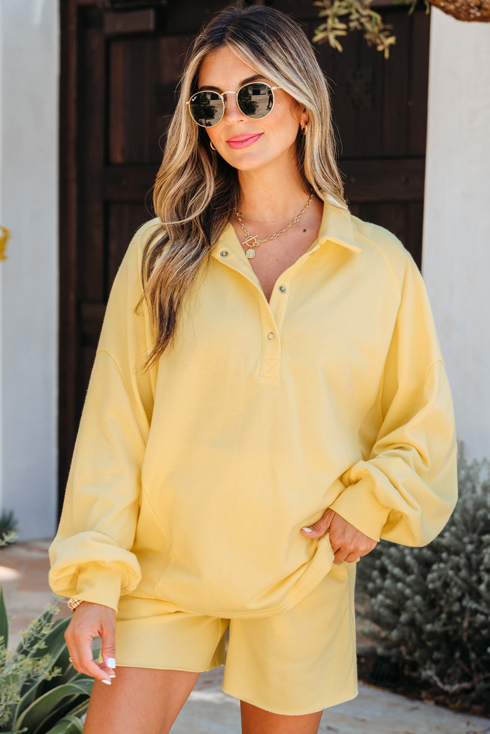 Button Collar Drop Shoulder Pullover and Shorts 2pcs Outfit