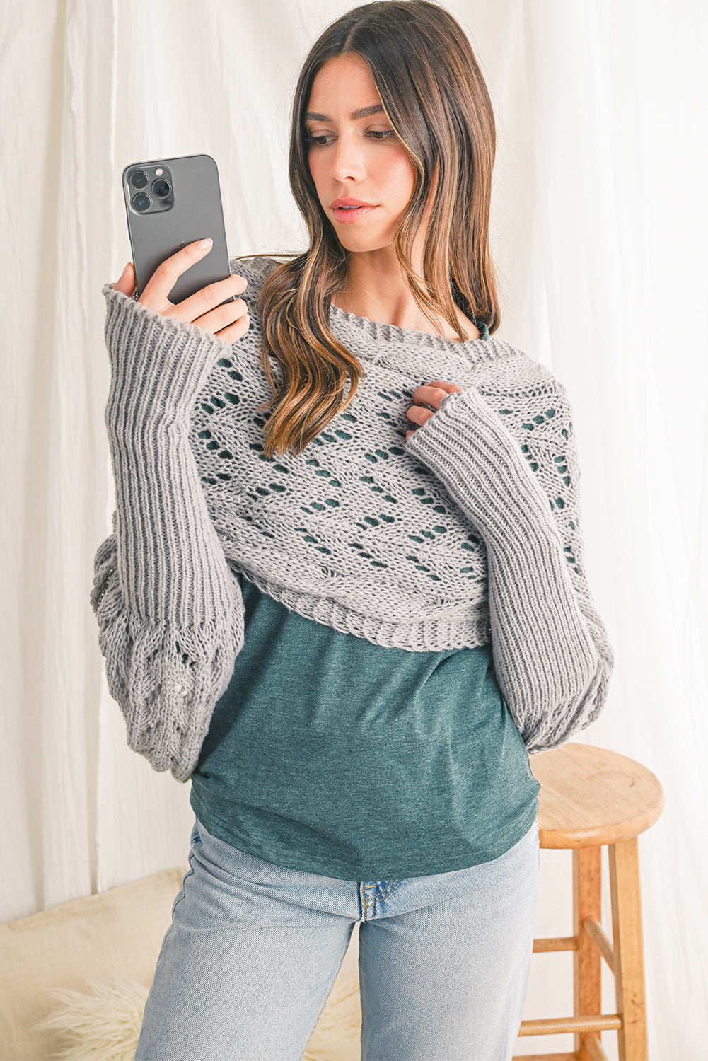 Cross Detail Hollowed Knit Scarf with Sleeves