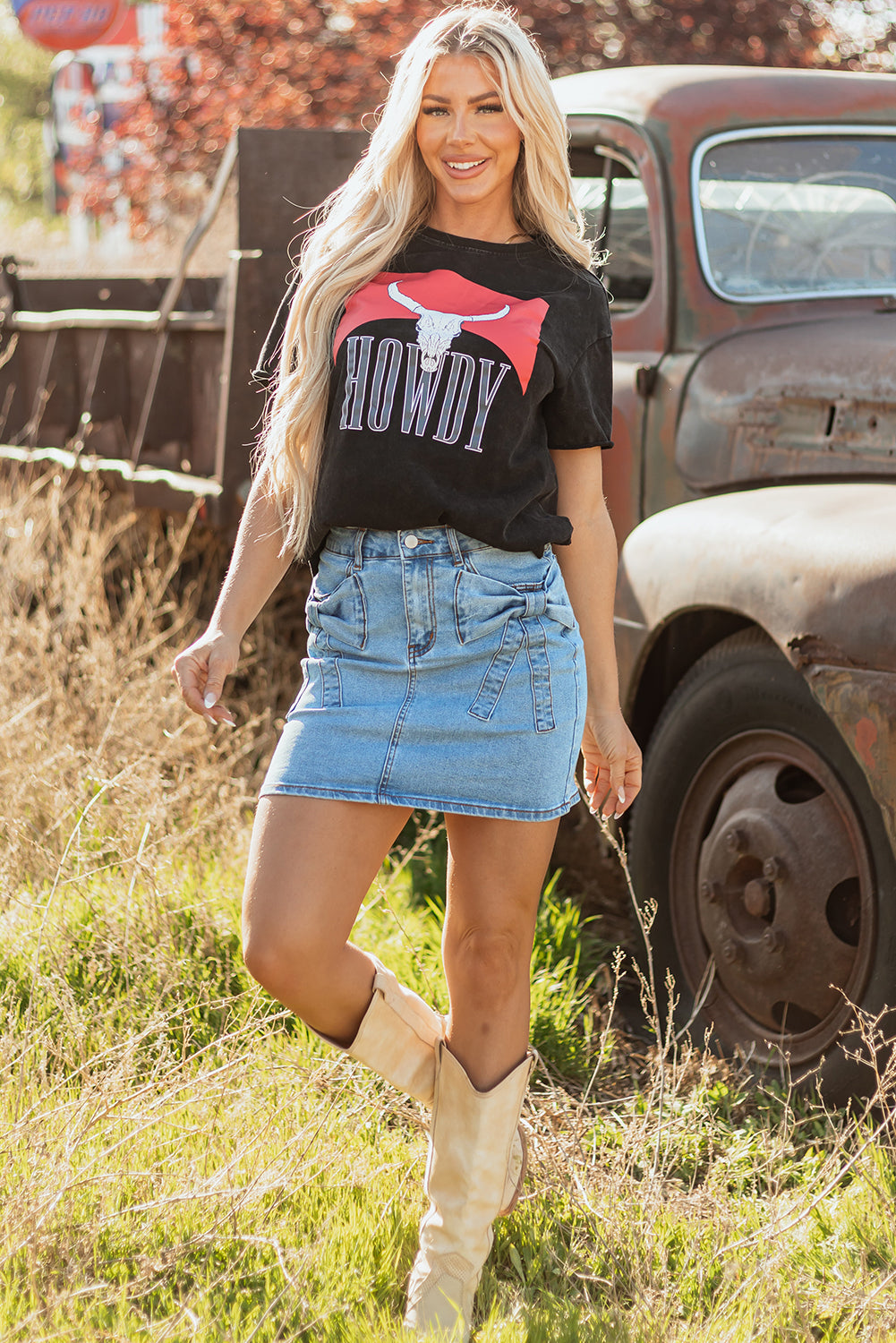 Acid Wash Bowknot Details High Waist Denim Skirt