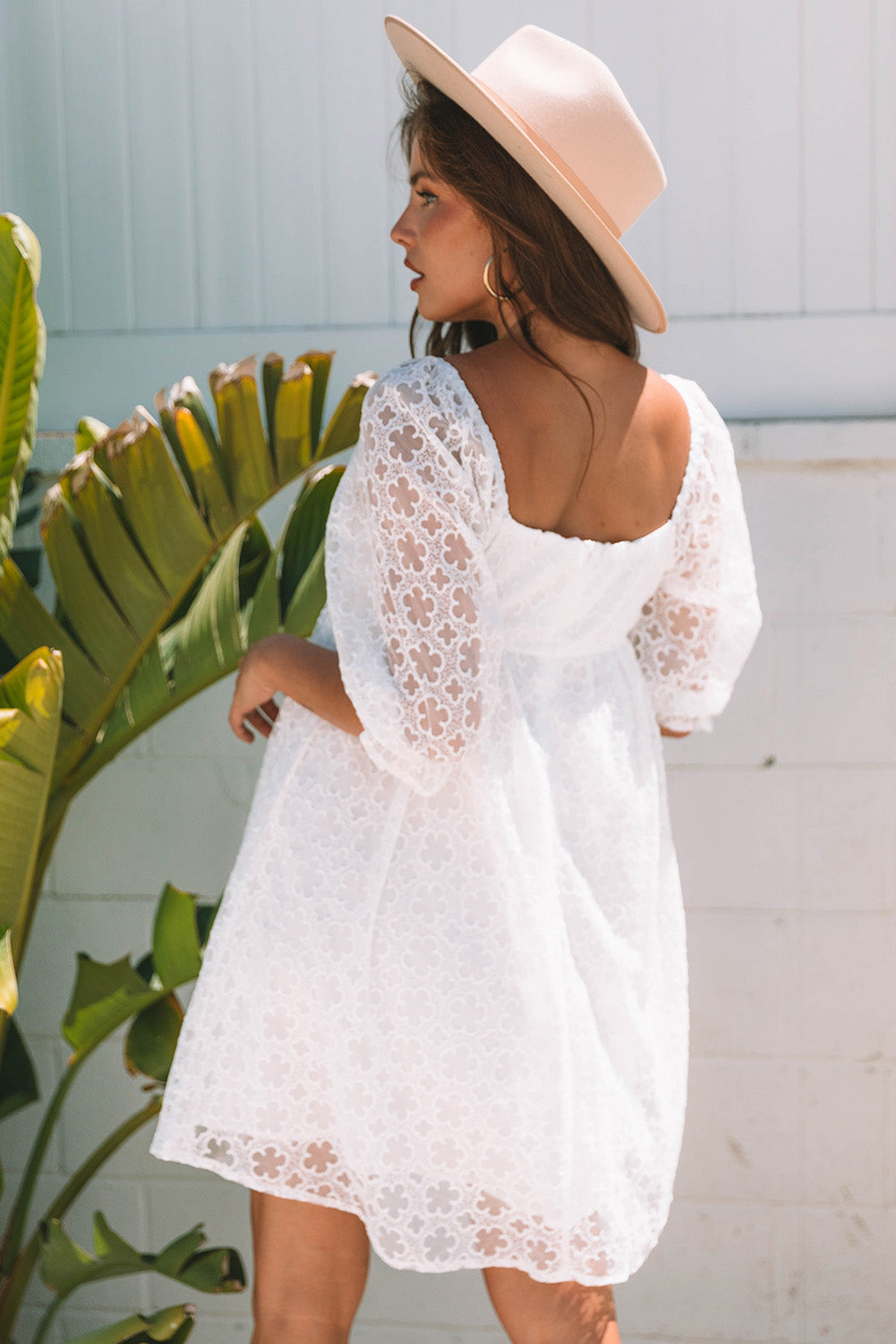 Floral Lace Puff Sleeve Empire Waist Mini Dress
