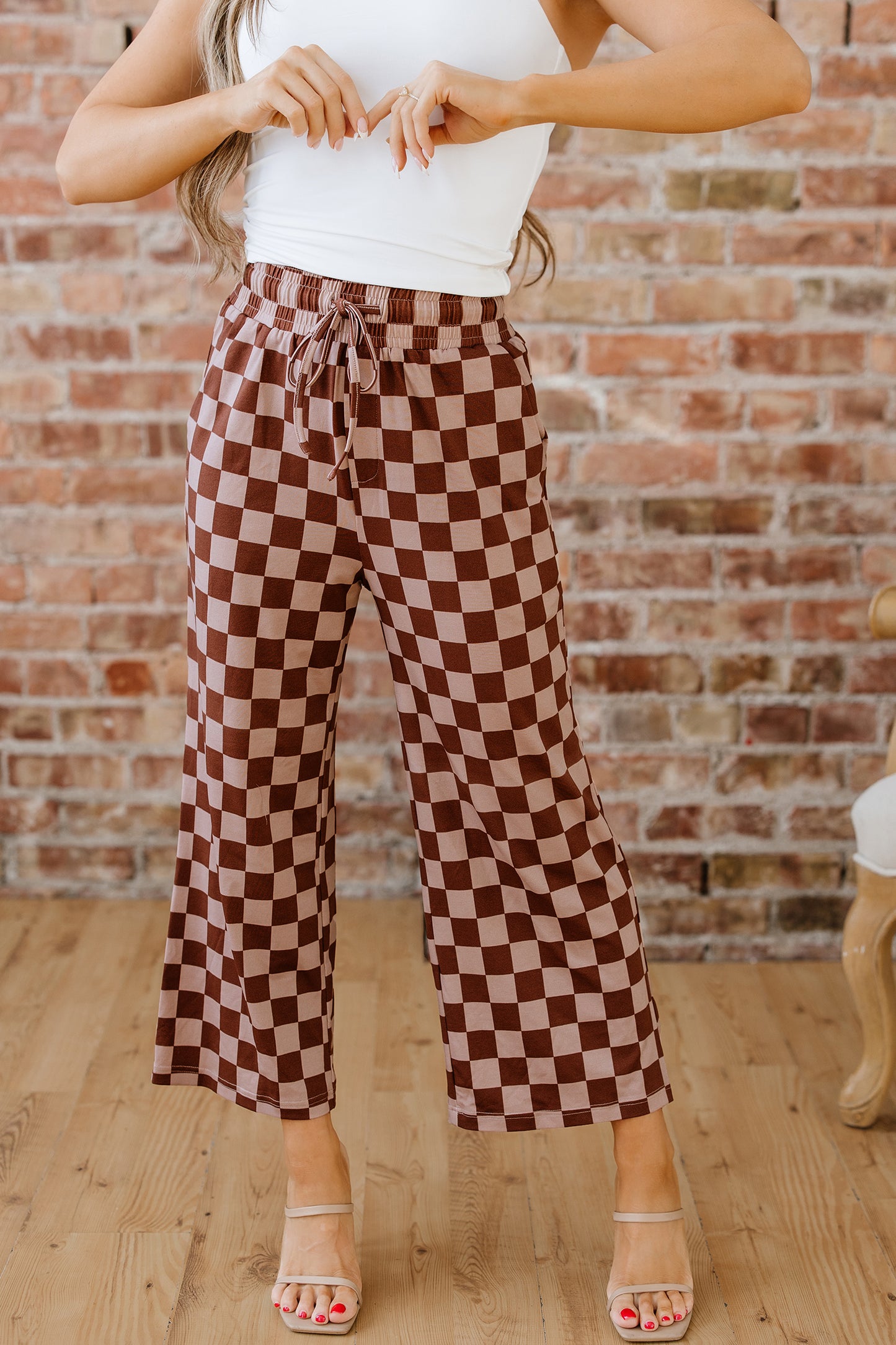 Checkered Elastic High Waist Loose Casual Pants
