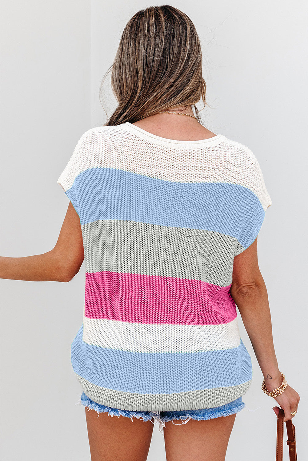 Color Block Notch V Neck Sweater T Shirt