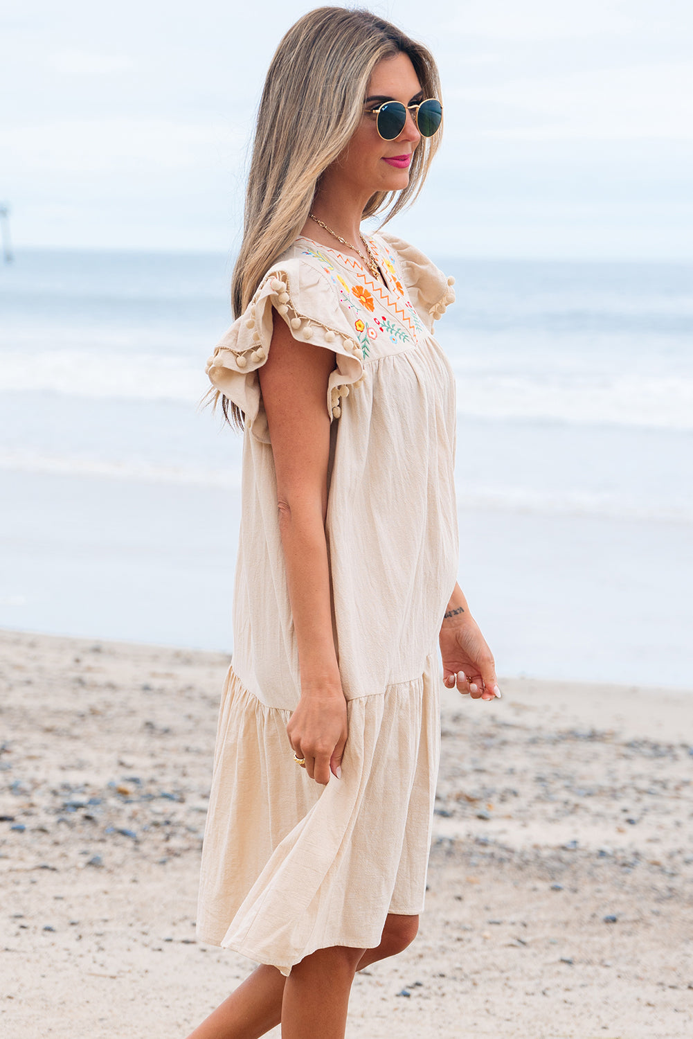 Linen Embroidery Split Neck Pom Pom Ruffle Sleeves Flowy Short Dress