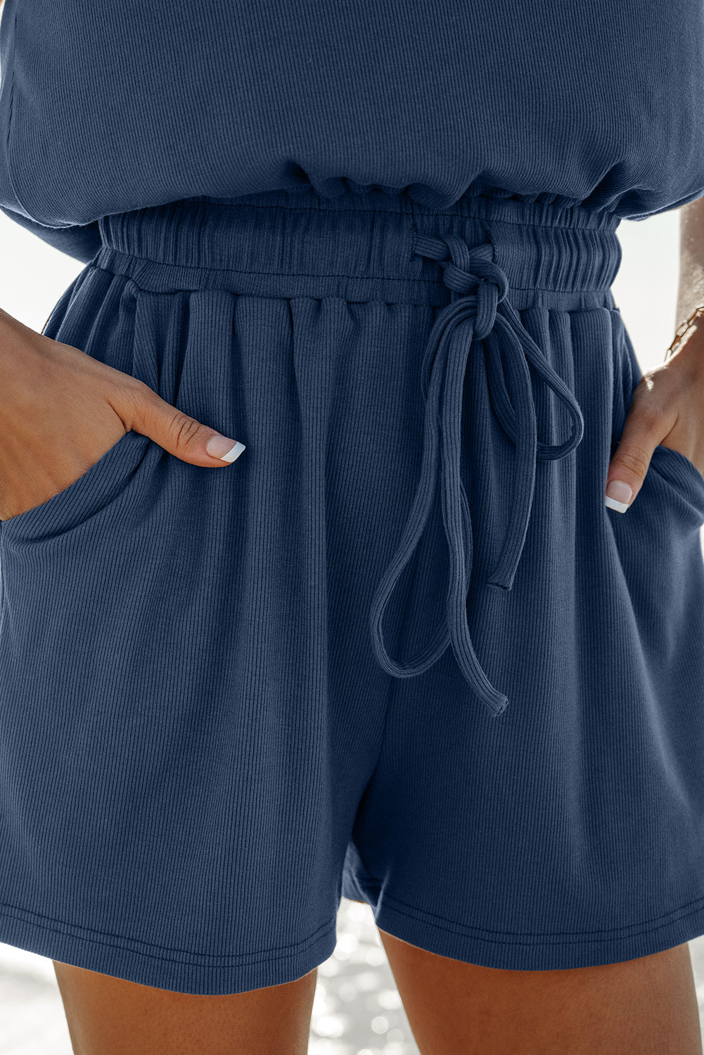 Knit Open Back Cap Sleeve Drawstring Romper