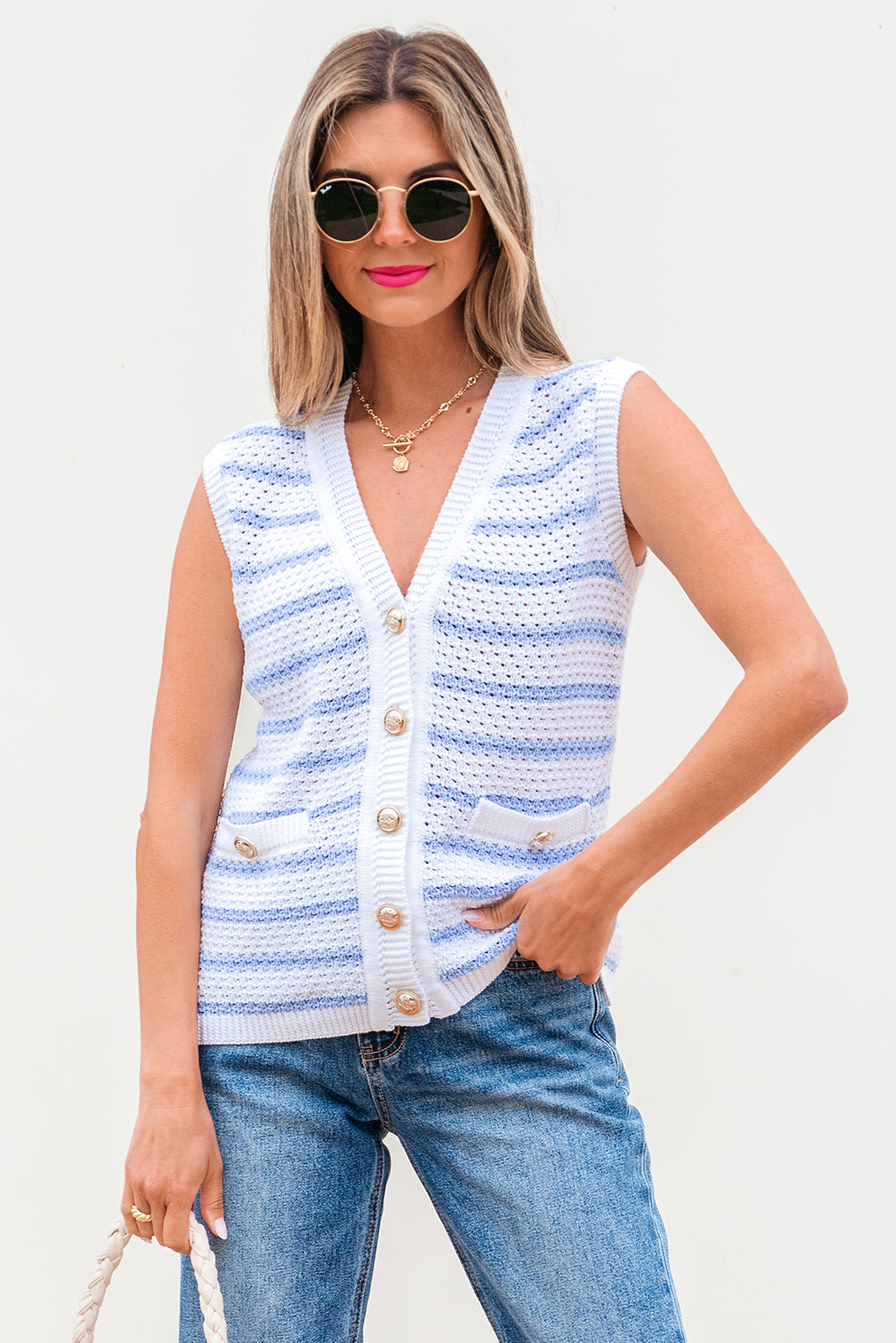 Stripe V Neck Gold Buttons Elegant Sweater Vest