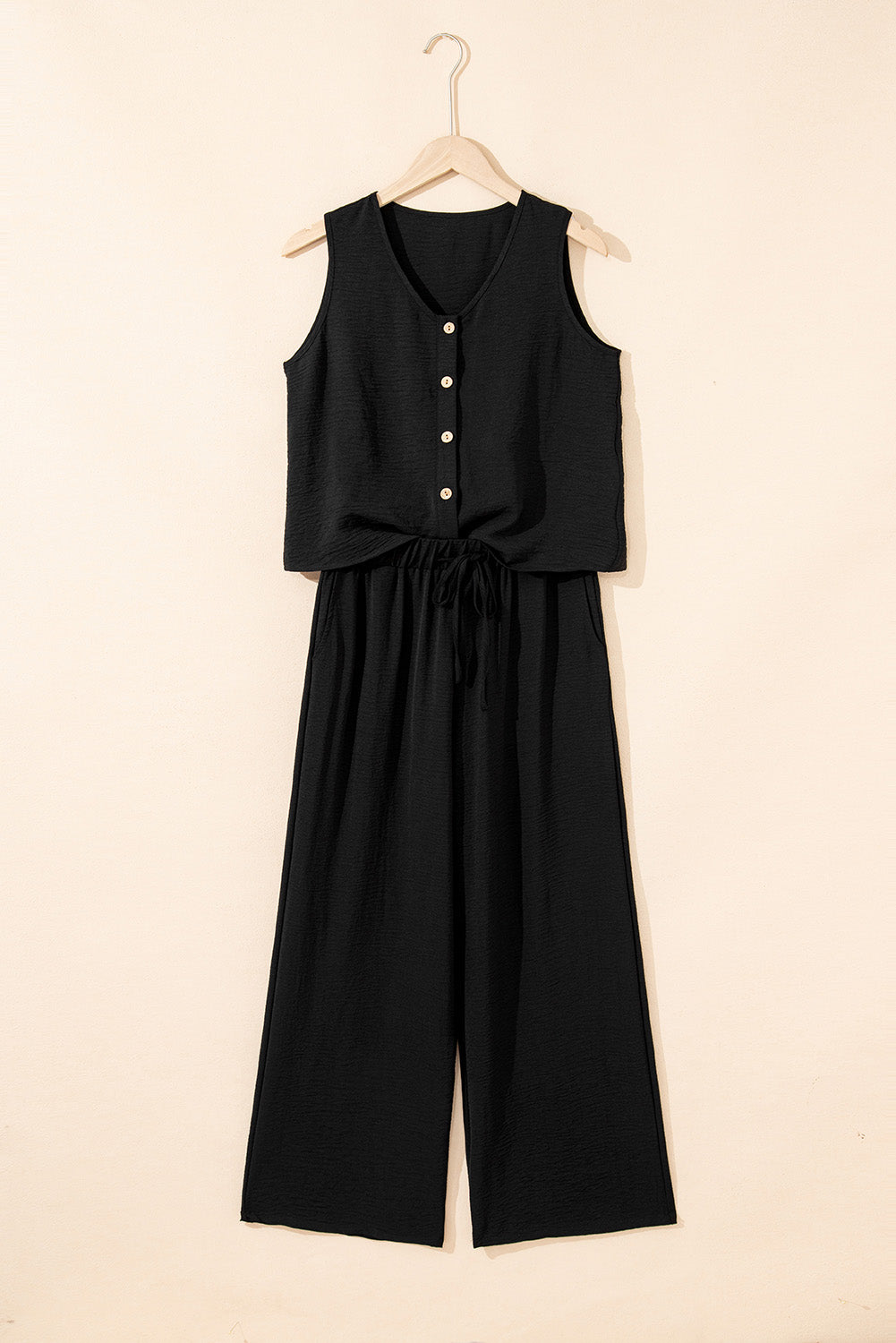 Buttoned Vest Drawstring Wide Leg Pants 2pcs Set