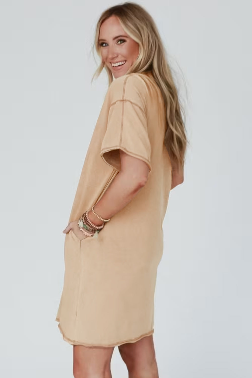 Mineral Wash Stud Beaded Star Graphic Pocketed T Shirt Dress
