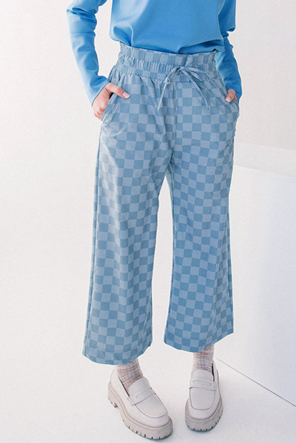 Checkered Elastic High Waist Loose Casual Pants