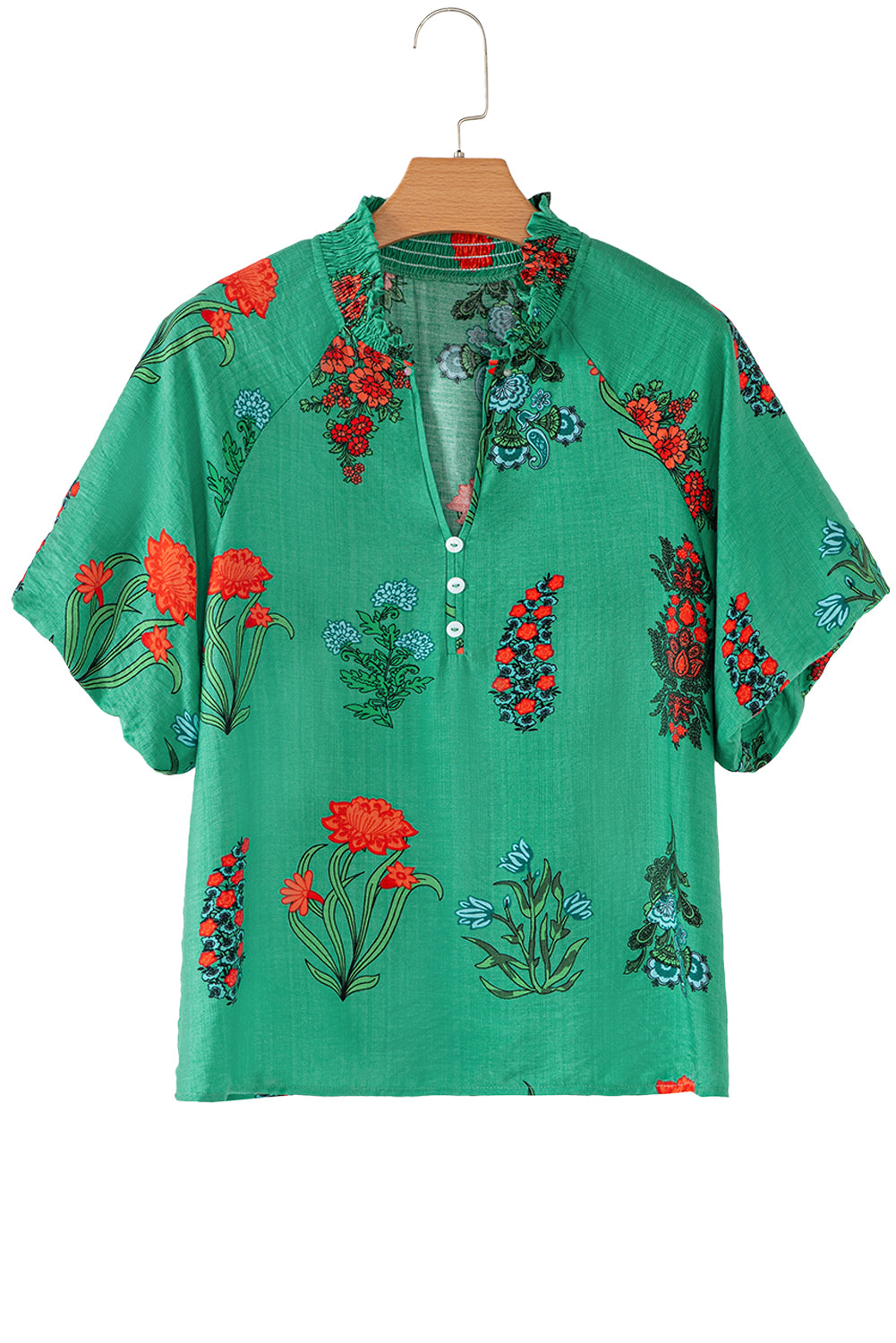 Floral Print Buttoned V Neck Short Sleeve Blouse