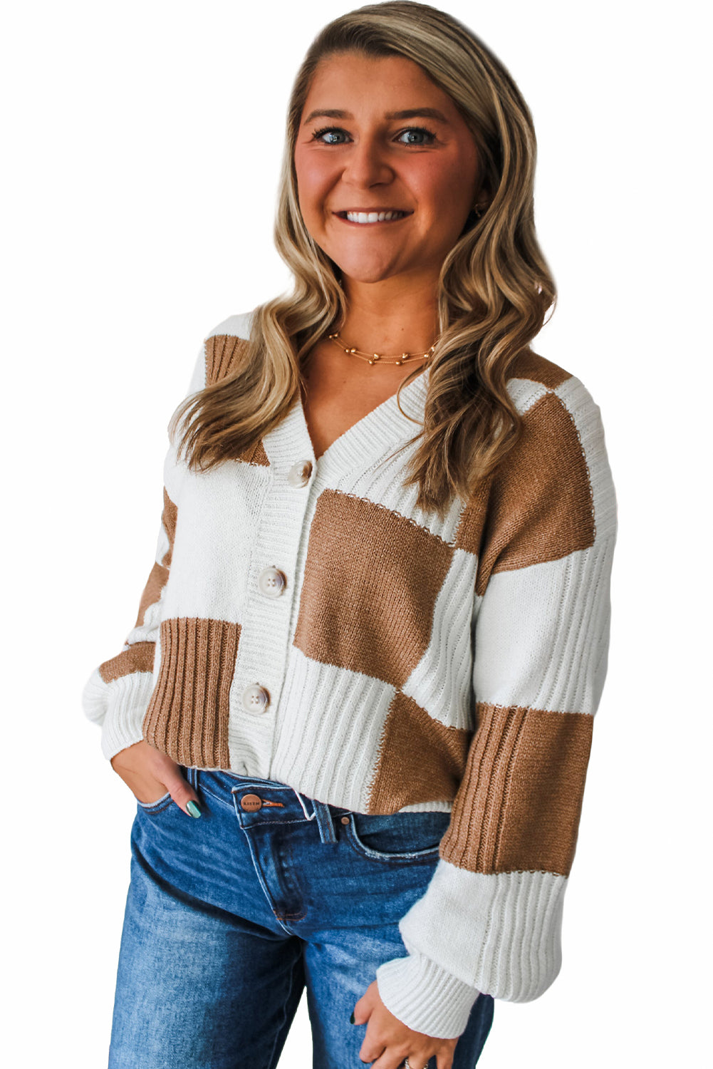 Checkered Pattern Ribbed Detail Button V Neck Sweater Cardigan
