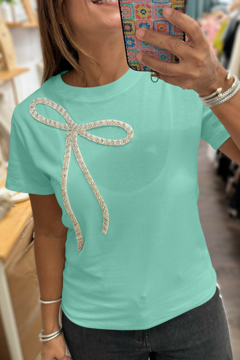 Rhinestone Bow Embellished Round Neck Tee