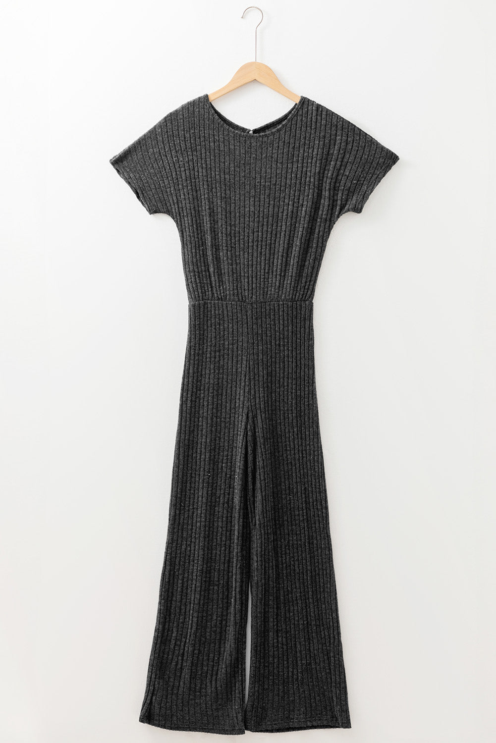 Ribbed Keyhole Short Sleeve Wide Leg Jumpsuit