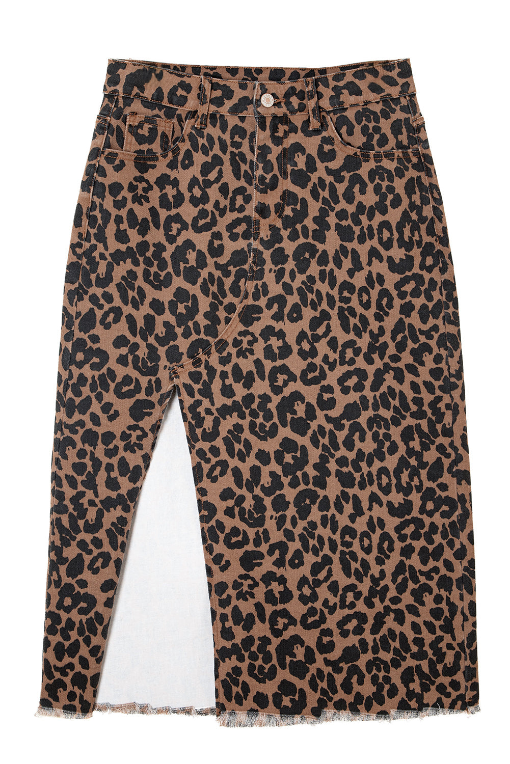 Leopard Denim Frayed Split Denim Midi Skirt