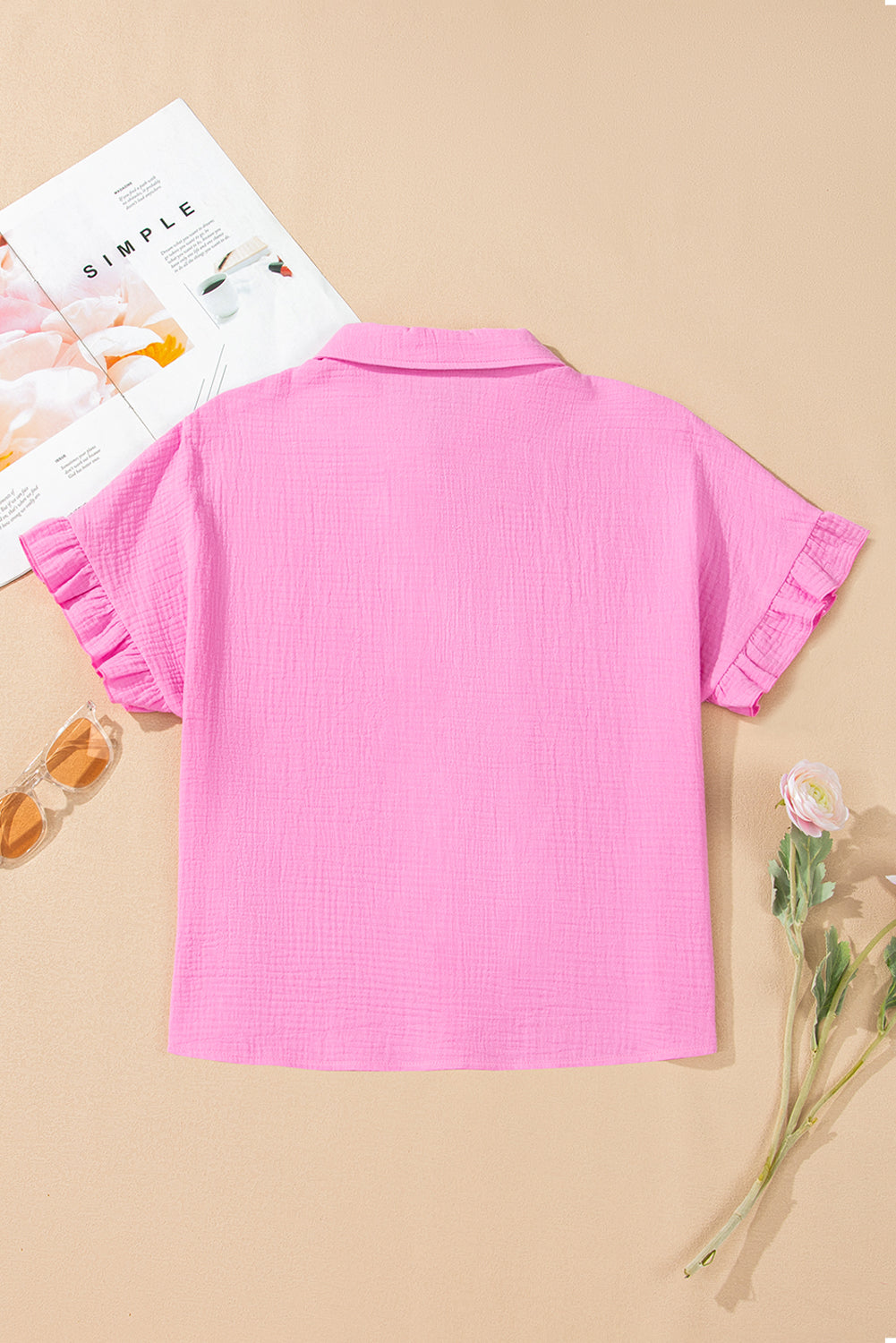 Mineral Wash Textured Ruffle Trim Short Sleeve Shirt